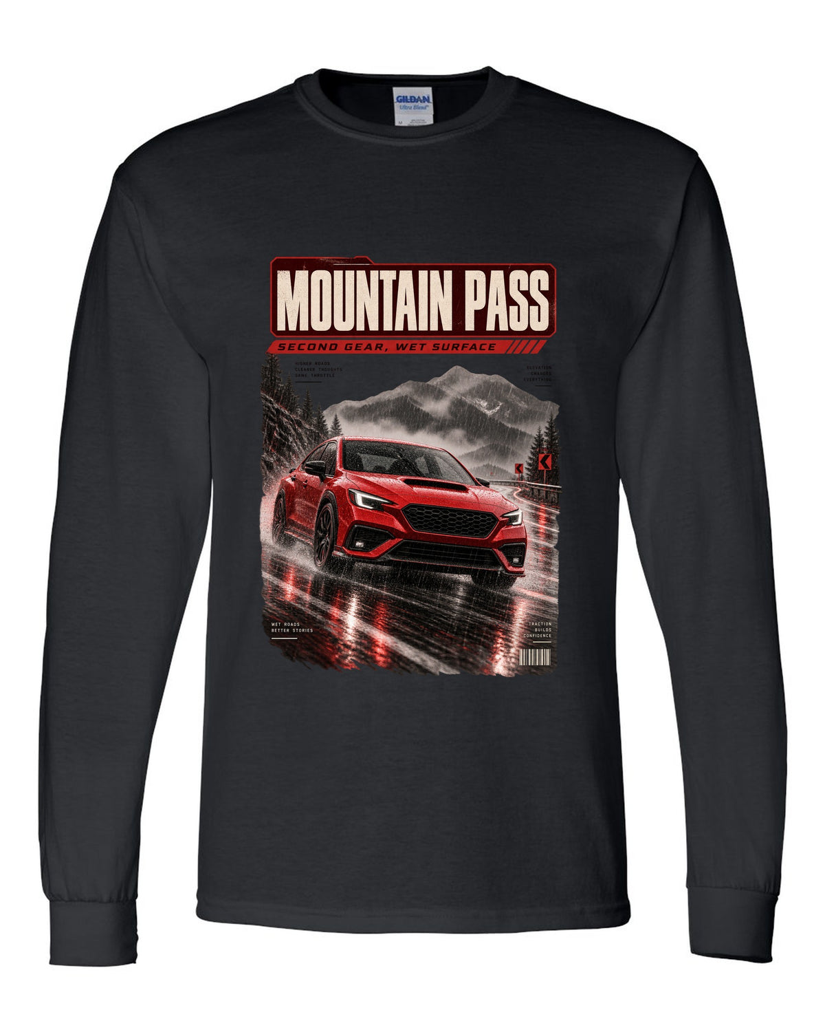 Red-orange monochrome Subaru WRX VB sedan on a wet mountain pass at night, poster-style print black long sleeve front view with the design