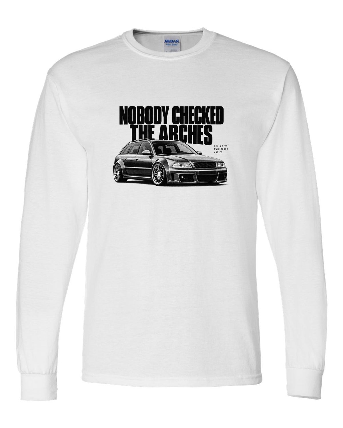 Audi RS6 Avant C5 4B front three-quarter in halftone with arches text white long sleeve front view with the design