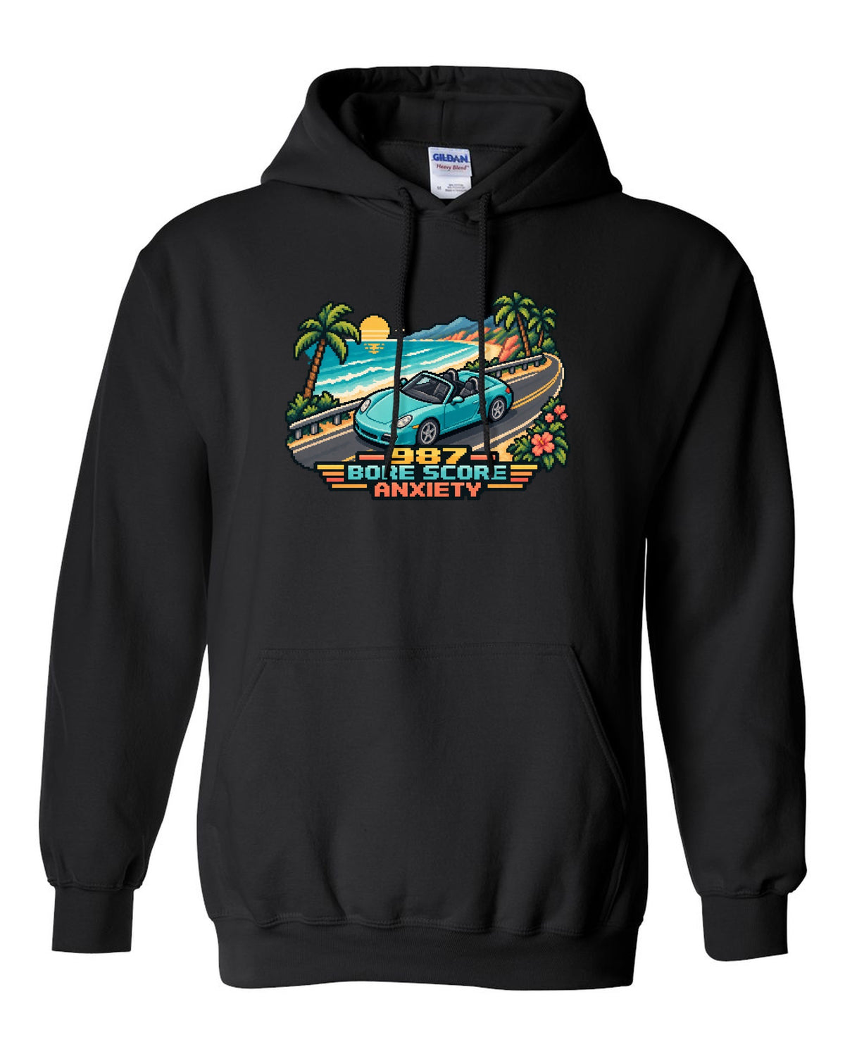 Porsche Boxster 987 isometric pixel art roadster with bore score anxiety text black pull over hoodie front view with the design