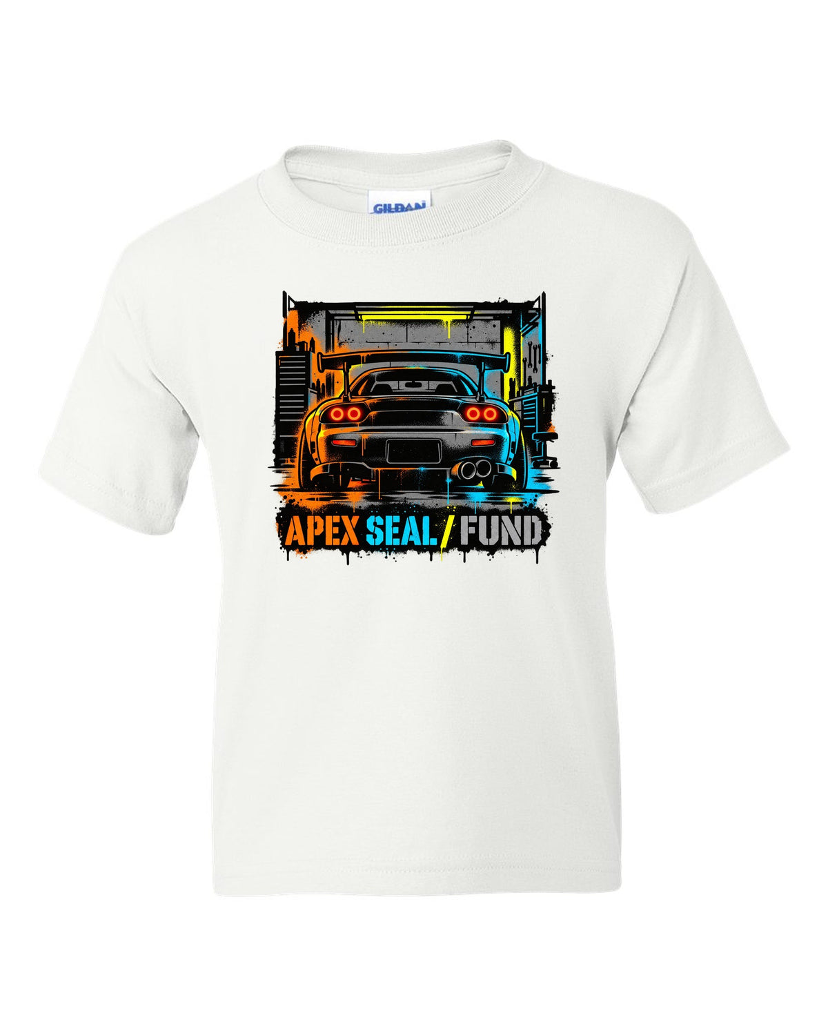 Stencil spray street art print of a Mazda RX-7 FD3S with the text Apex Seal Fund white kids tee front view with the design