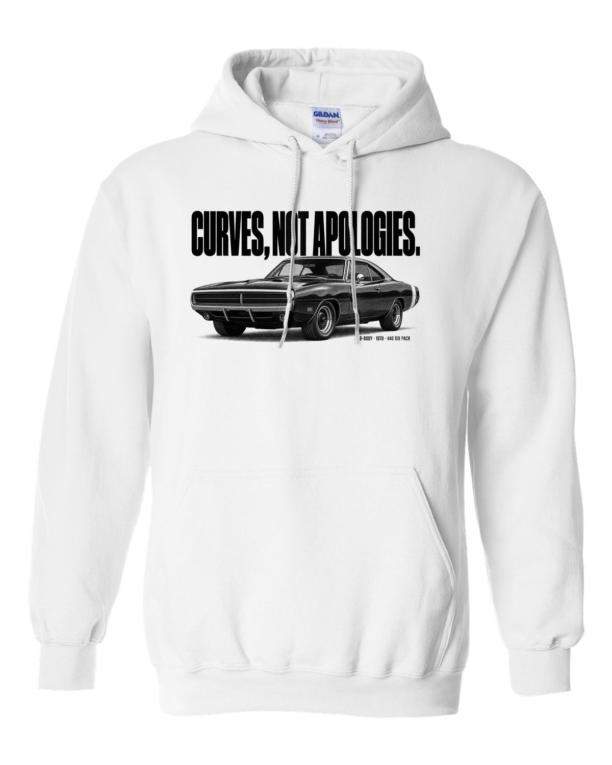 Halftone statement print of a 1970 Dodge Charger R/T with curves not apologies text white pull over hoodie front view with the design