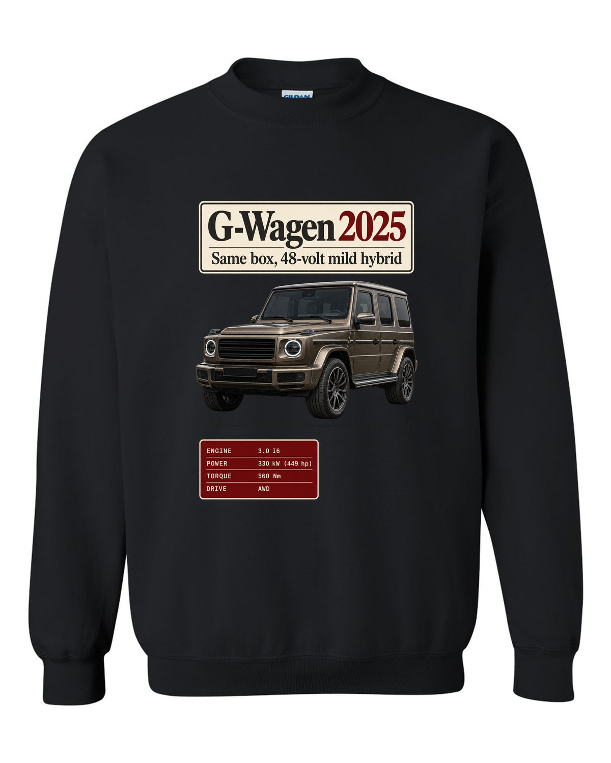 Archive panel print of a 2025 Mercedes-AMG G63 W463A facelift black crewneck front view with the design