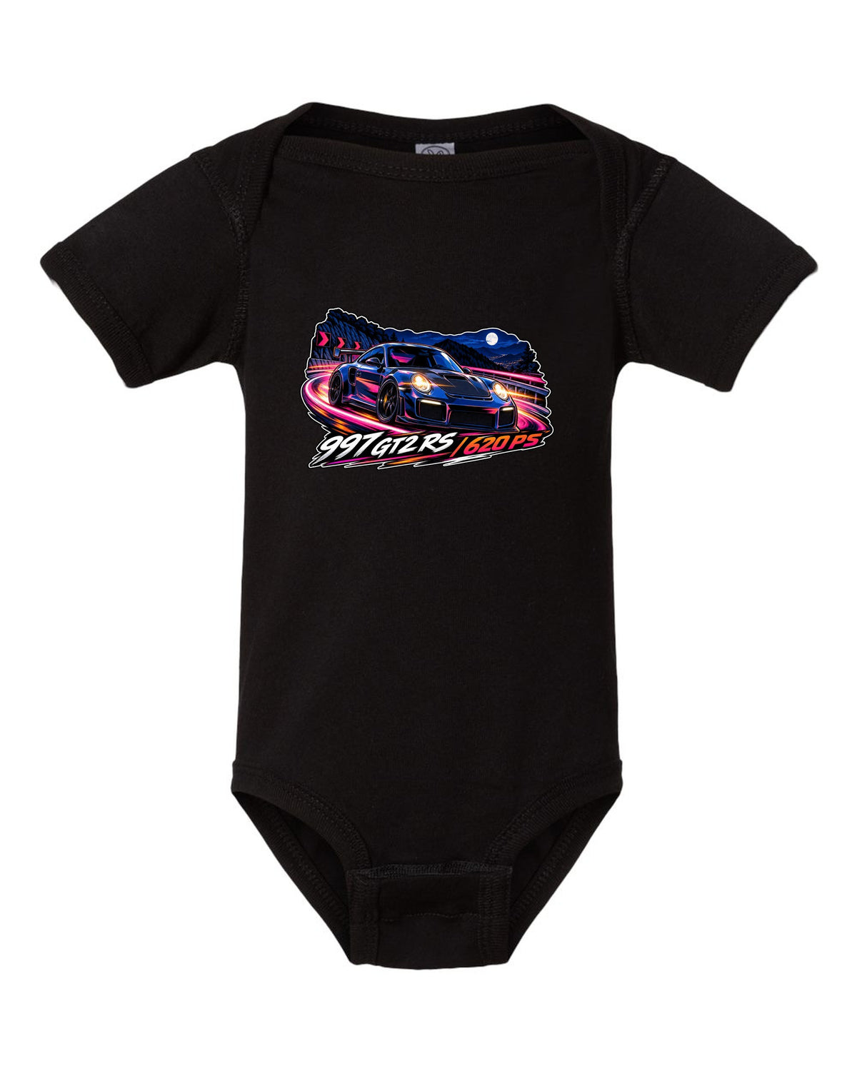Cel-shaded anime night touge design featuring the Porsche 997 GT2 RS with 620 PS lettering black baby onesie front view with the design