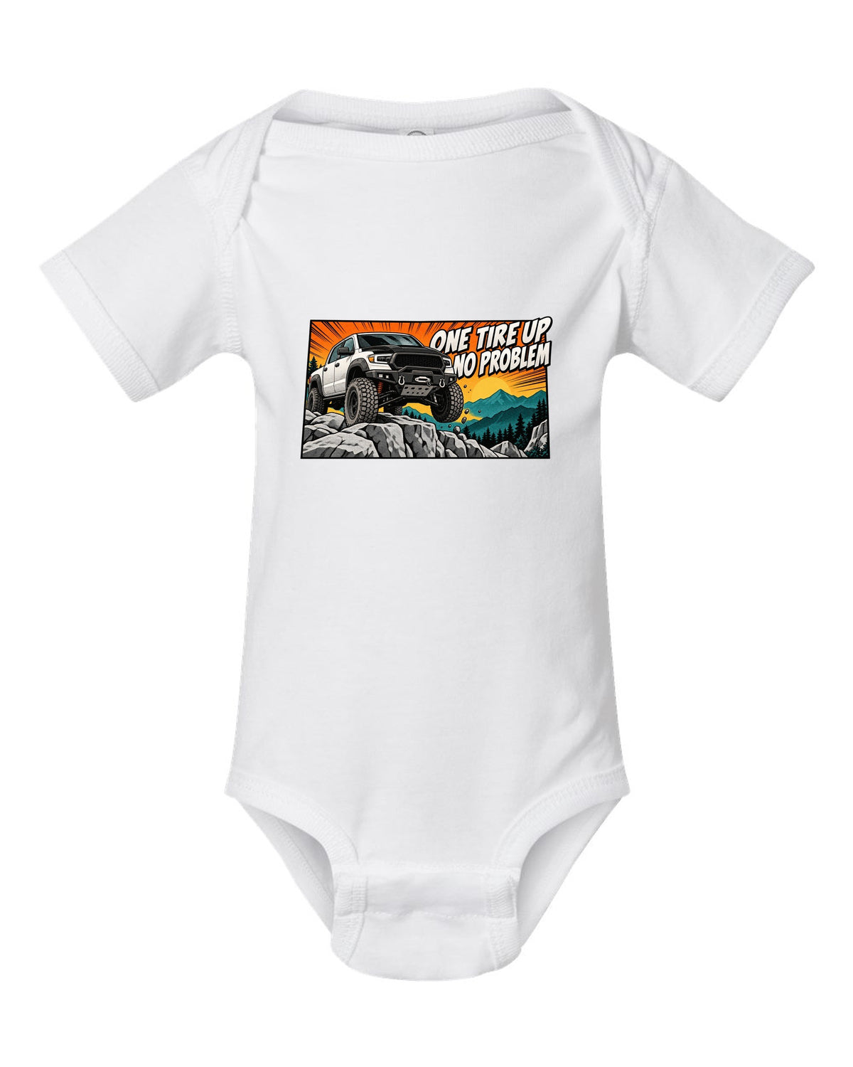 Retro manga halftone print of a Ram Power Wagon 2500 4x4 with one tire up on a ledge white baby onesie front view with the design
