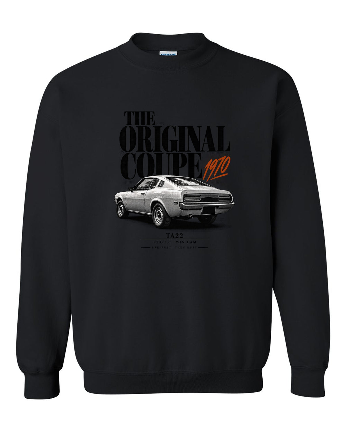 Editorial headline print of a Toyota Celica TA22 coupe with 2T-G 1.6 twin cam text black crewneck front view with the design