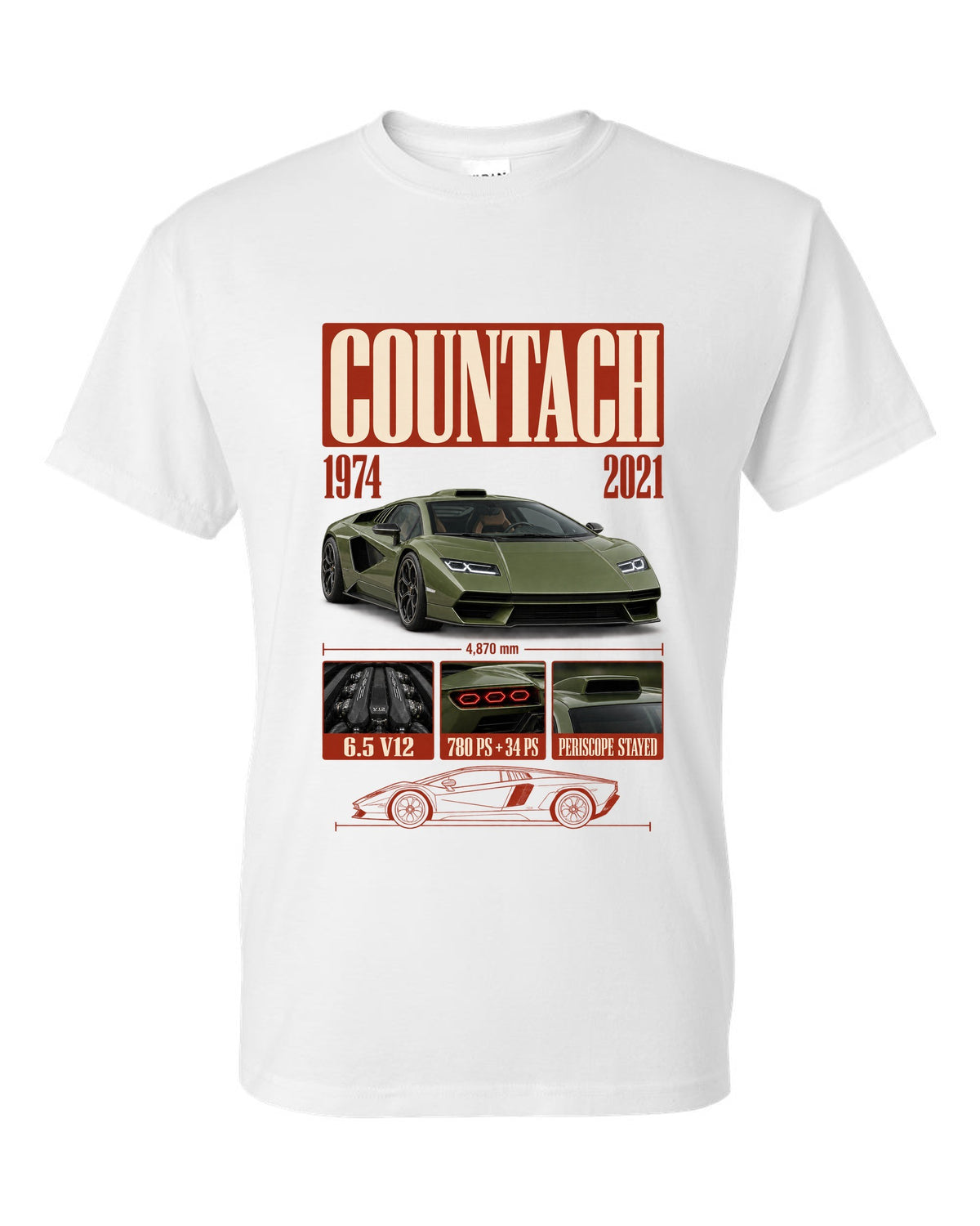 Lamborghini Countach LPI 800-4 archive panel print covering 1974 to 2021 with V12 specs white t-shirt front view with the design