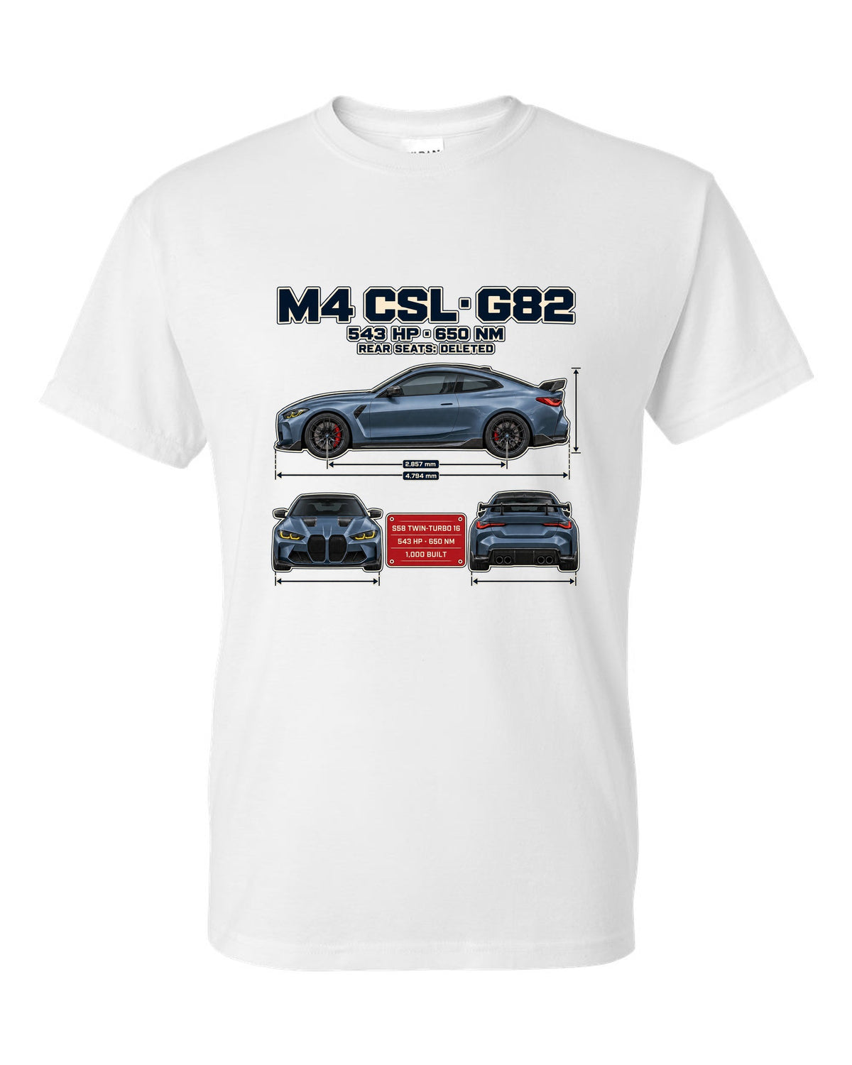 BMW M4 CSL G82 three-view spec table print white t-shirt front view with the design
