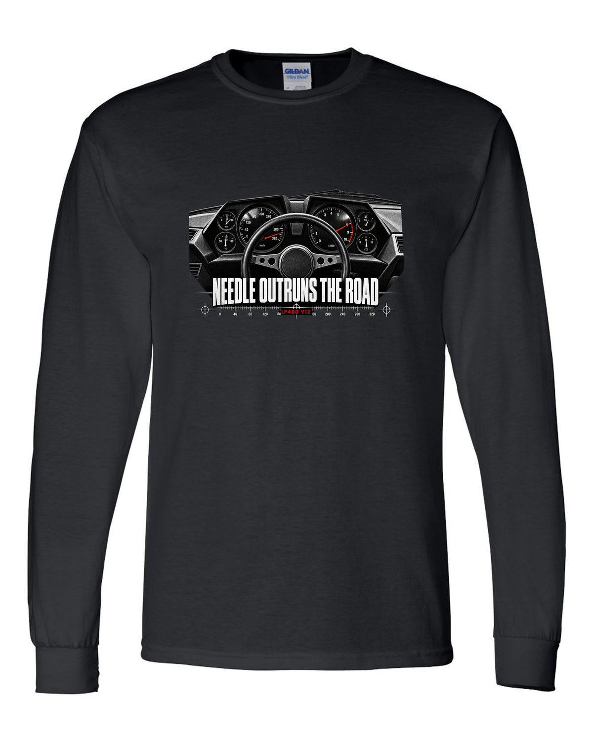 Cockpit gauge print of a Lamborghini Countach LP400 interior with needle outruns the road text black long sleeve front view with the design