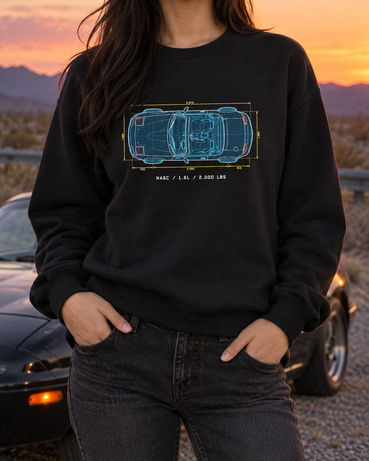 Mazda MX-5 NA6C 1.6L Blueprint Shirt, 2,000 LBS Miata Tee Crewneck Black worn hero