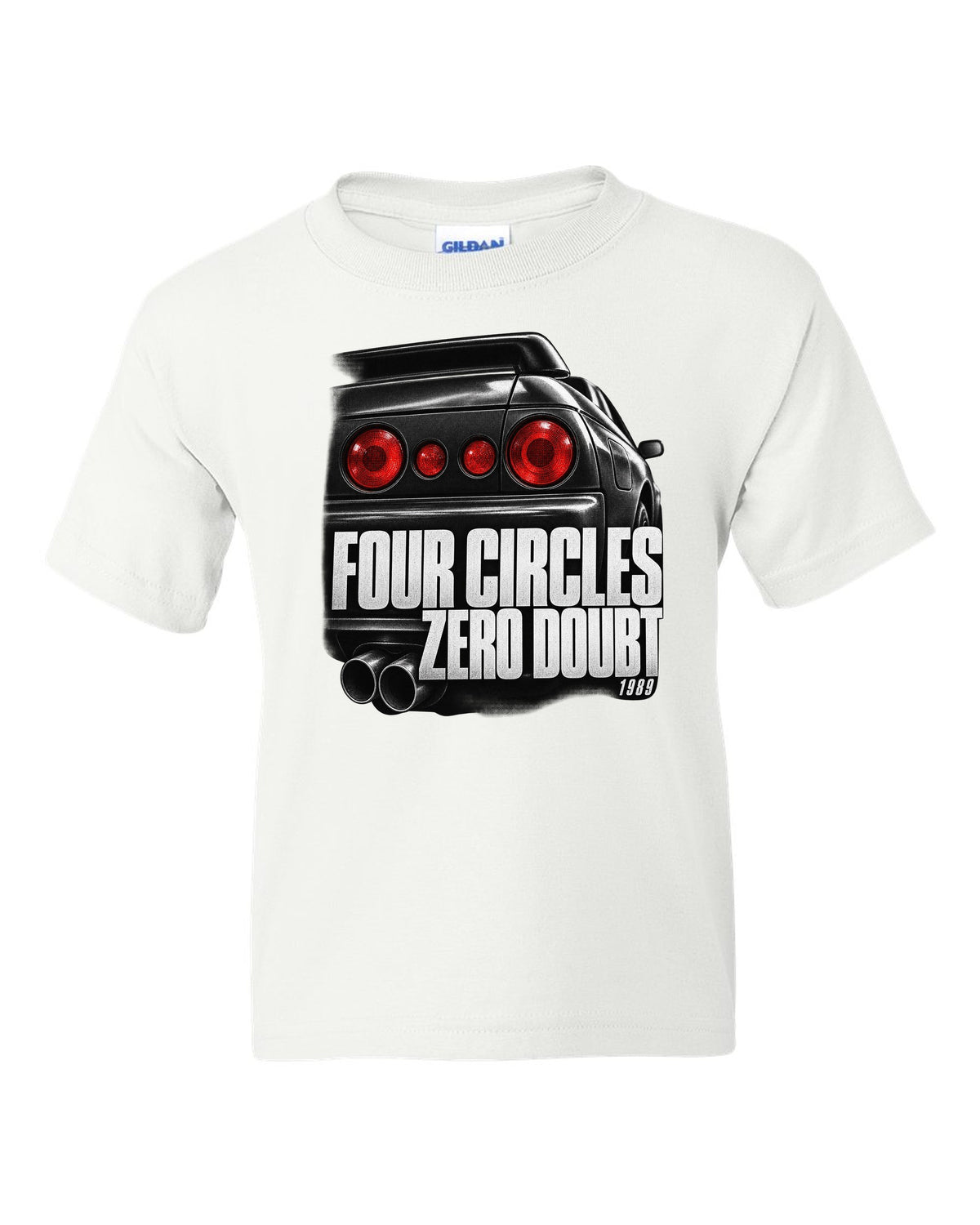 Close-up macro of the round taillights on a Nissan Skyline GT-R R32 with four circles lettering white kids tee front view with the design