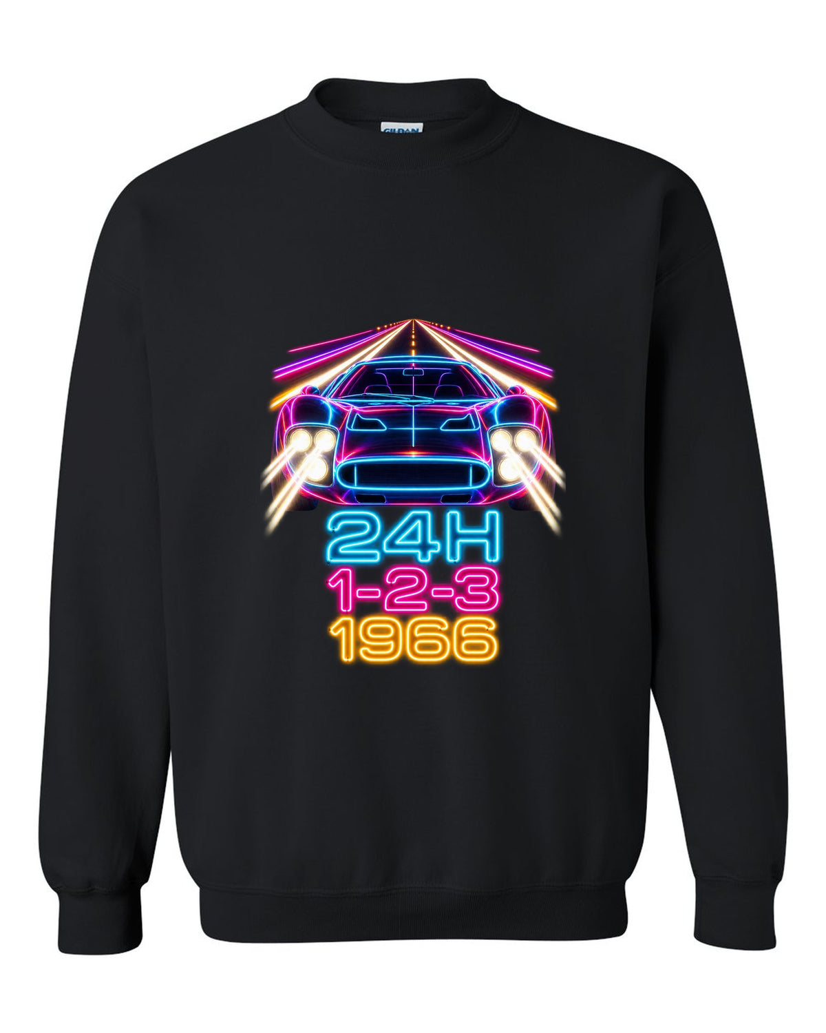 Neon long-exposure light trail print of a 1966 Ford GT40 Mk II with 24H 1-2-3 lettering black crewneck front view with the design