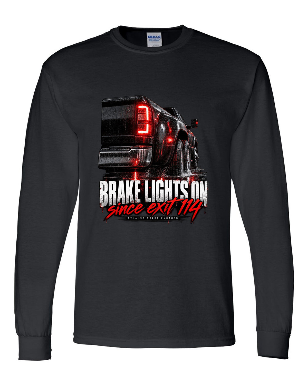 Taillight macro print of a 2019-2024 Ram HD 3500 dually with brake lights lit black long sleeve front view with the design