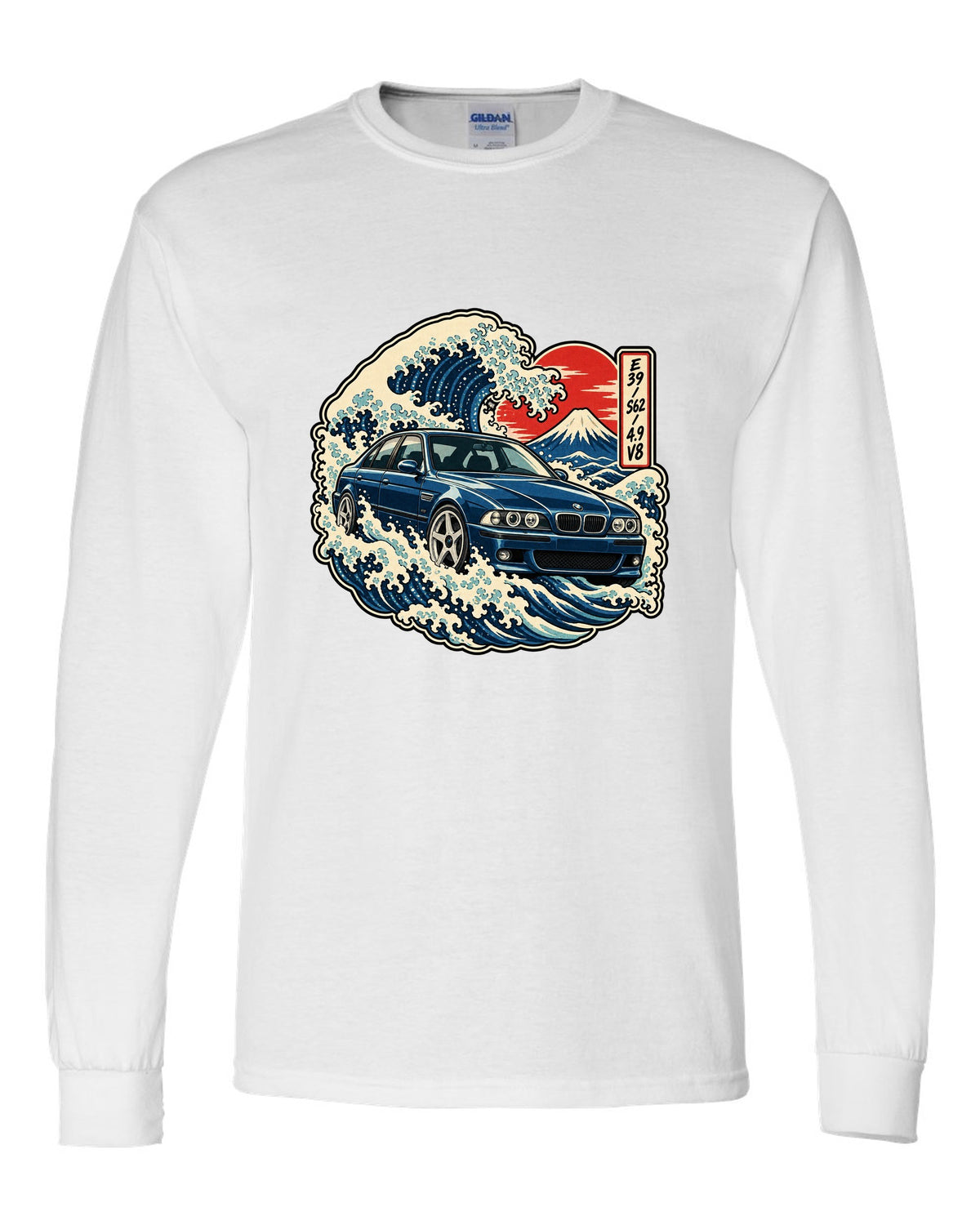 Comic halftone pop-art print of a BMW M5 E39 with one more bolt caption white long sleeve front view with the design