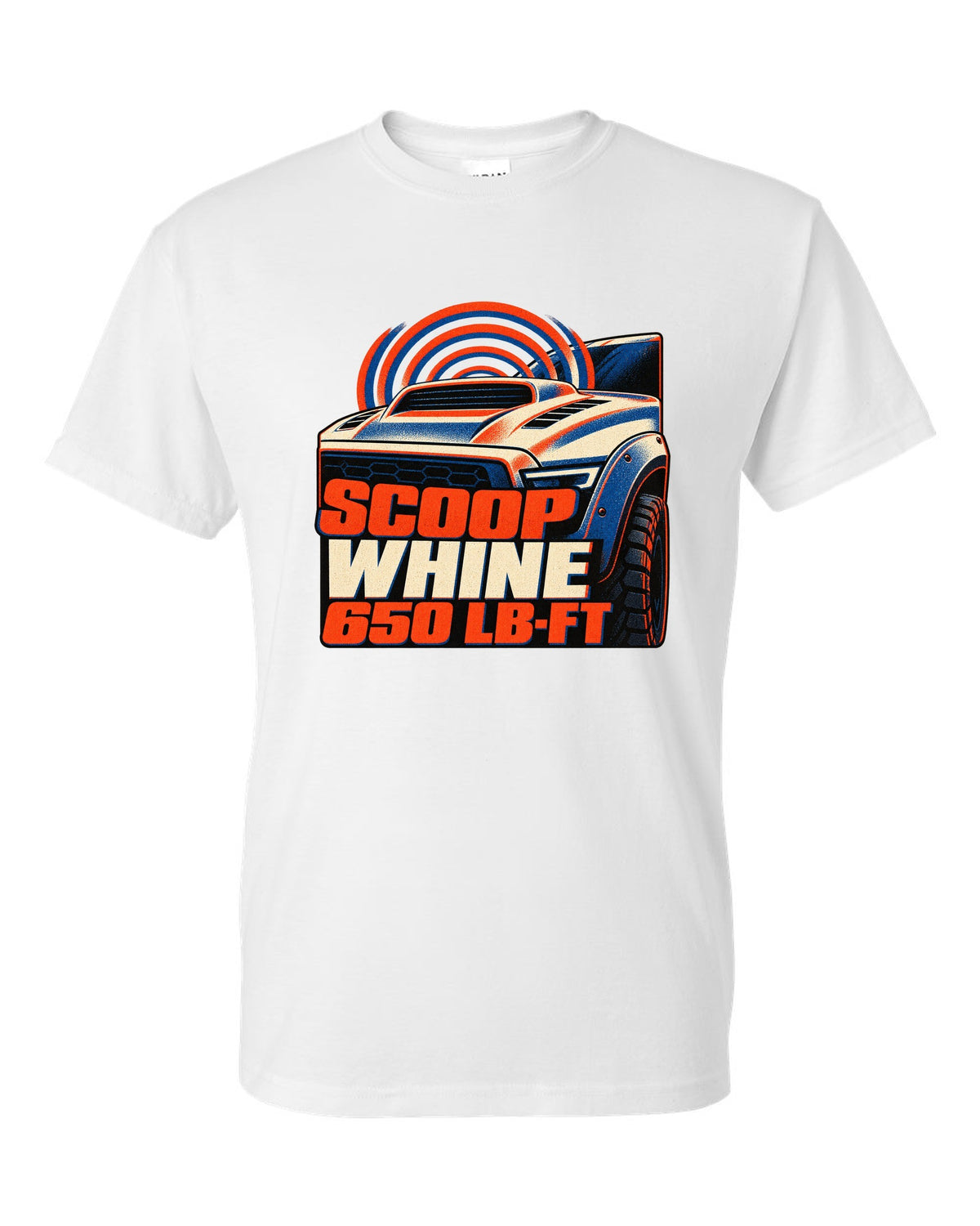 Risograph print of a 2021-2024 Ram 1500 TRX with scoop whine 650 lb-ft text white t-shirt front view with the design