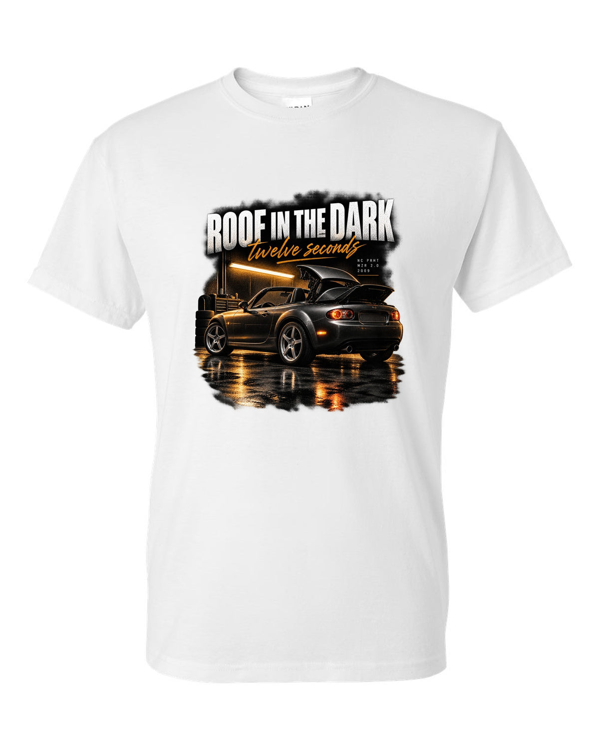 Garage night print of a Mazda MX-5 NC PRHT with the roof folding white t-shirt front view with the design