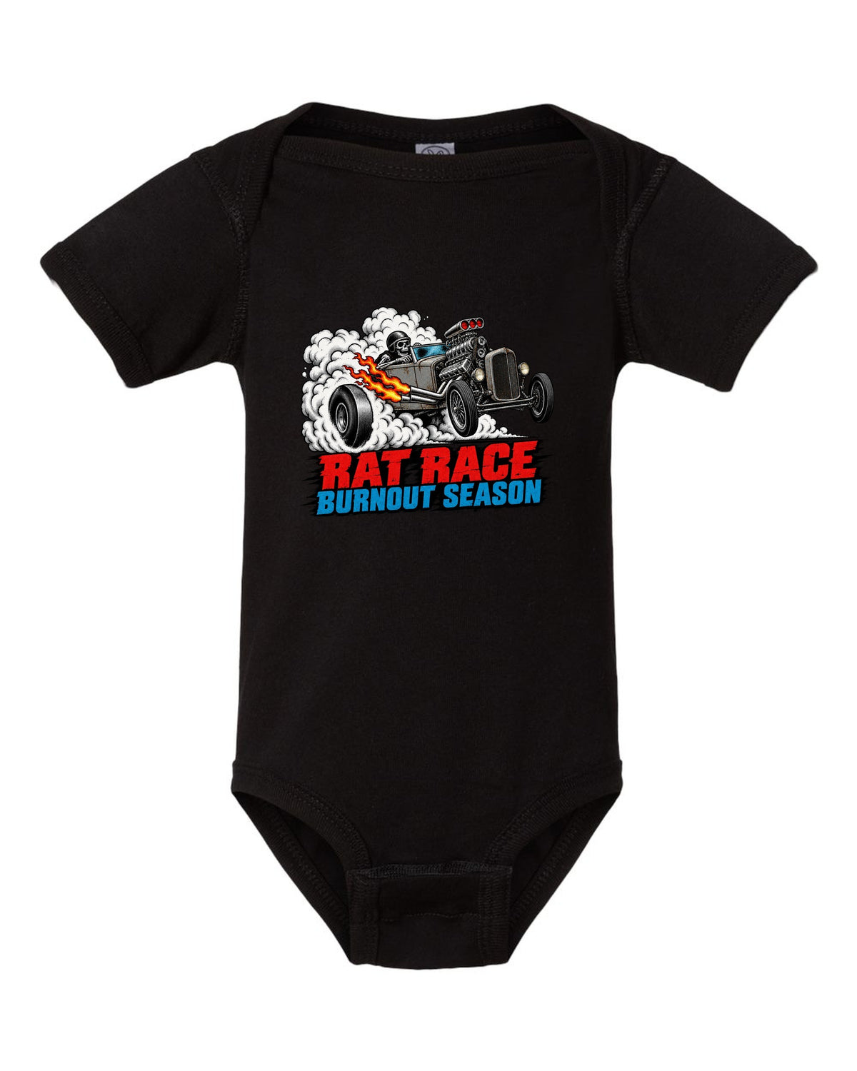 Halftone screenprint print of a primer-grey rat rod roadster in tyre smoke with Burnout Season lettering black baby onesie front view with the design