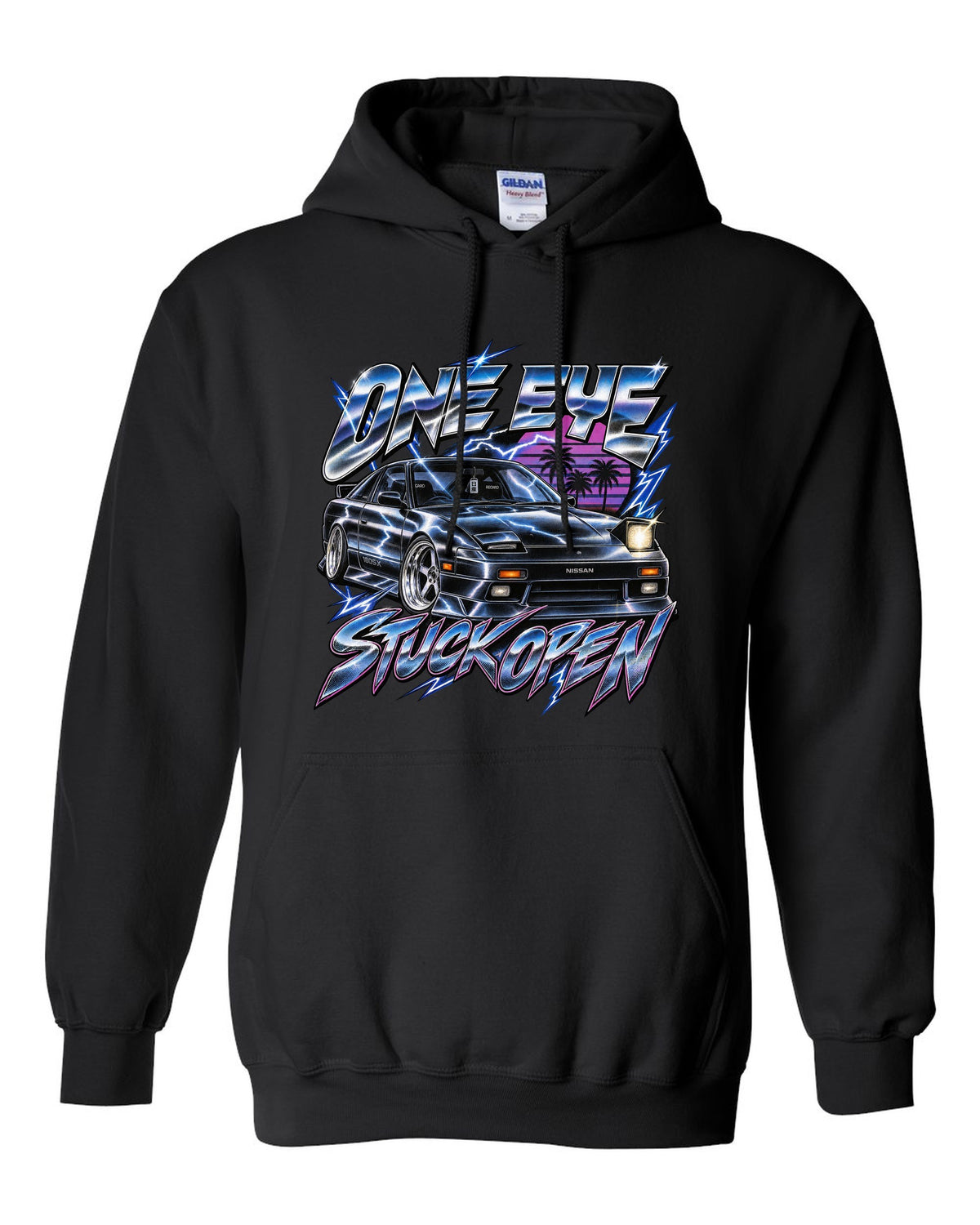 80s airbrush chrome print of a Nissan 180SX S13 ch with one eye stuck open text black pull over hoodie front view with the design