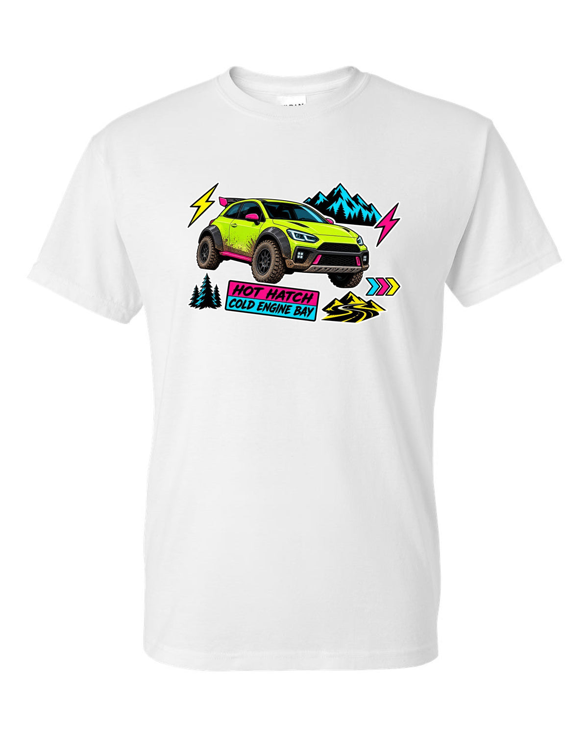 Rivian R3X die-cut slap sticker collage print with the text hot ch cold engine bay white t-shirt front view with the design