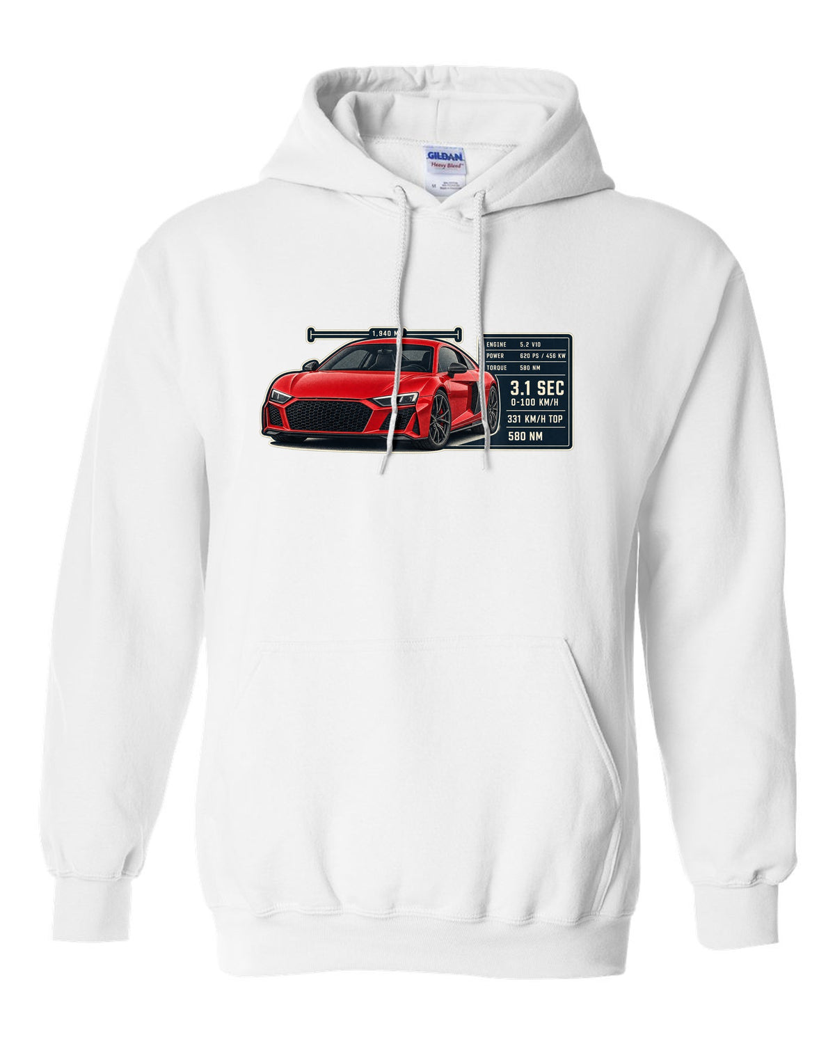 Audi R8 V10 performance coupe spec poster print design white pull over hoodie front view with the design