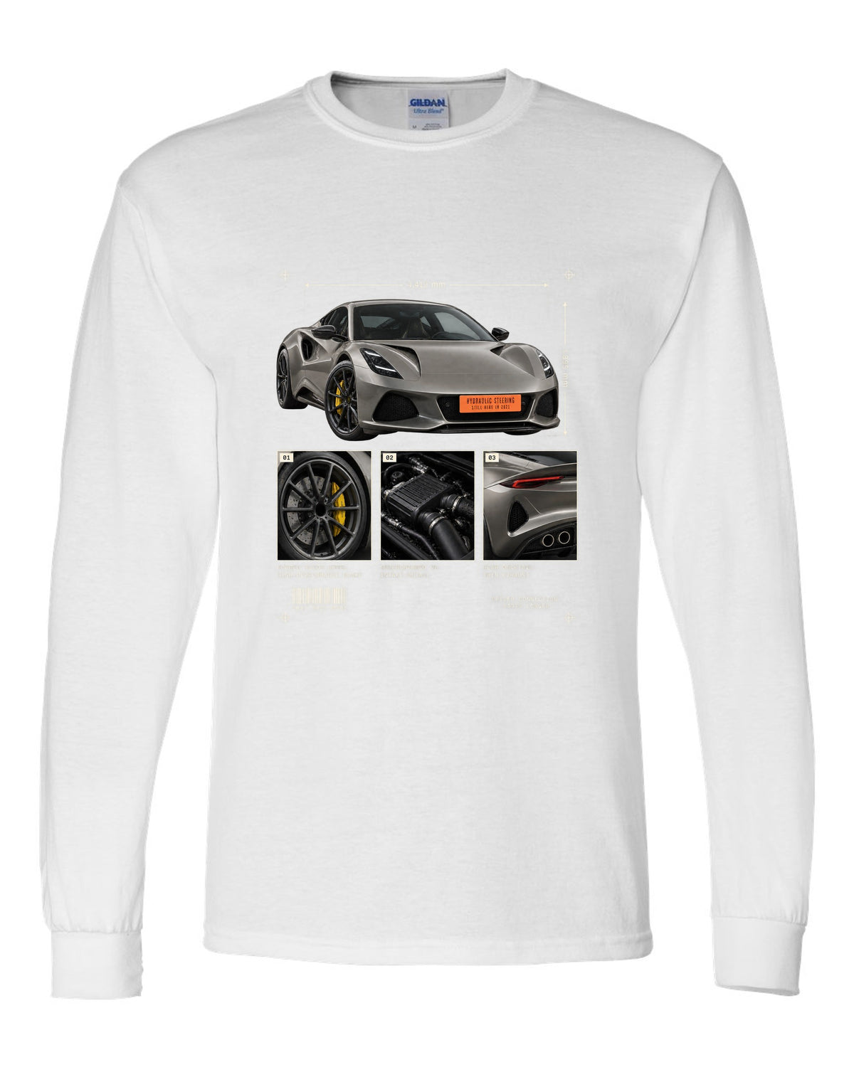 Lotus Emira V6 2021 hero view with three detail panels print with hydraulic steering text white long sleeve front view with the design