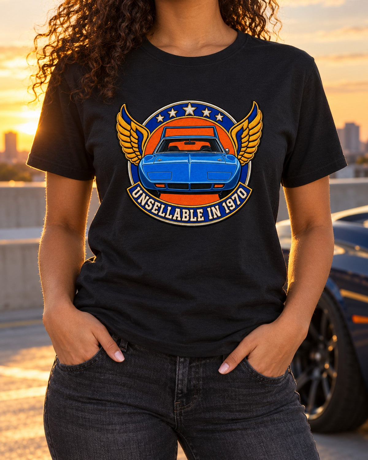 Plymouth Superbird Nose Cone Crest Tee, Unsellable in 1970 T-Shirt Black worn hero