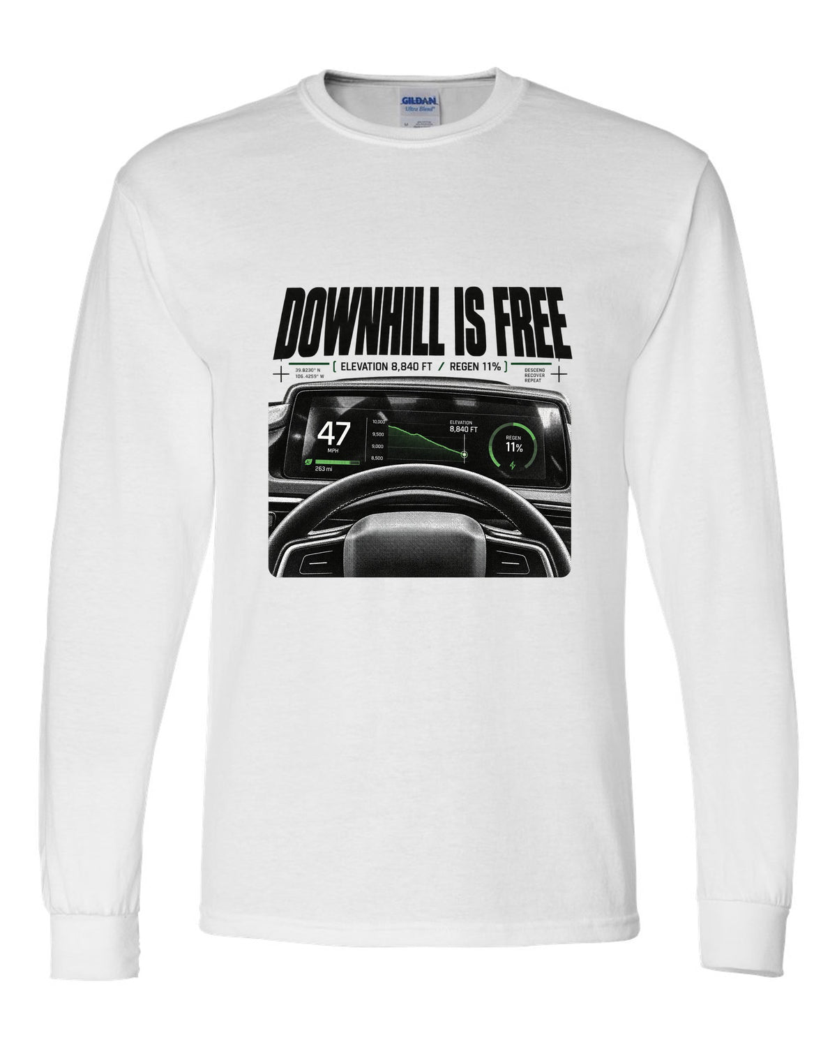 Rivian R1T 2022 cockpit gauge readout with downhill is free, elevation 8,840 ft and regen 11% white long sleeve front view with the design
