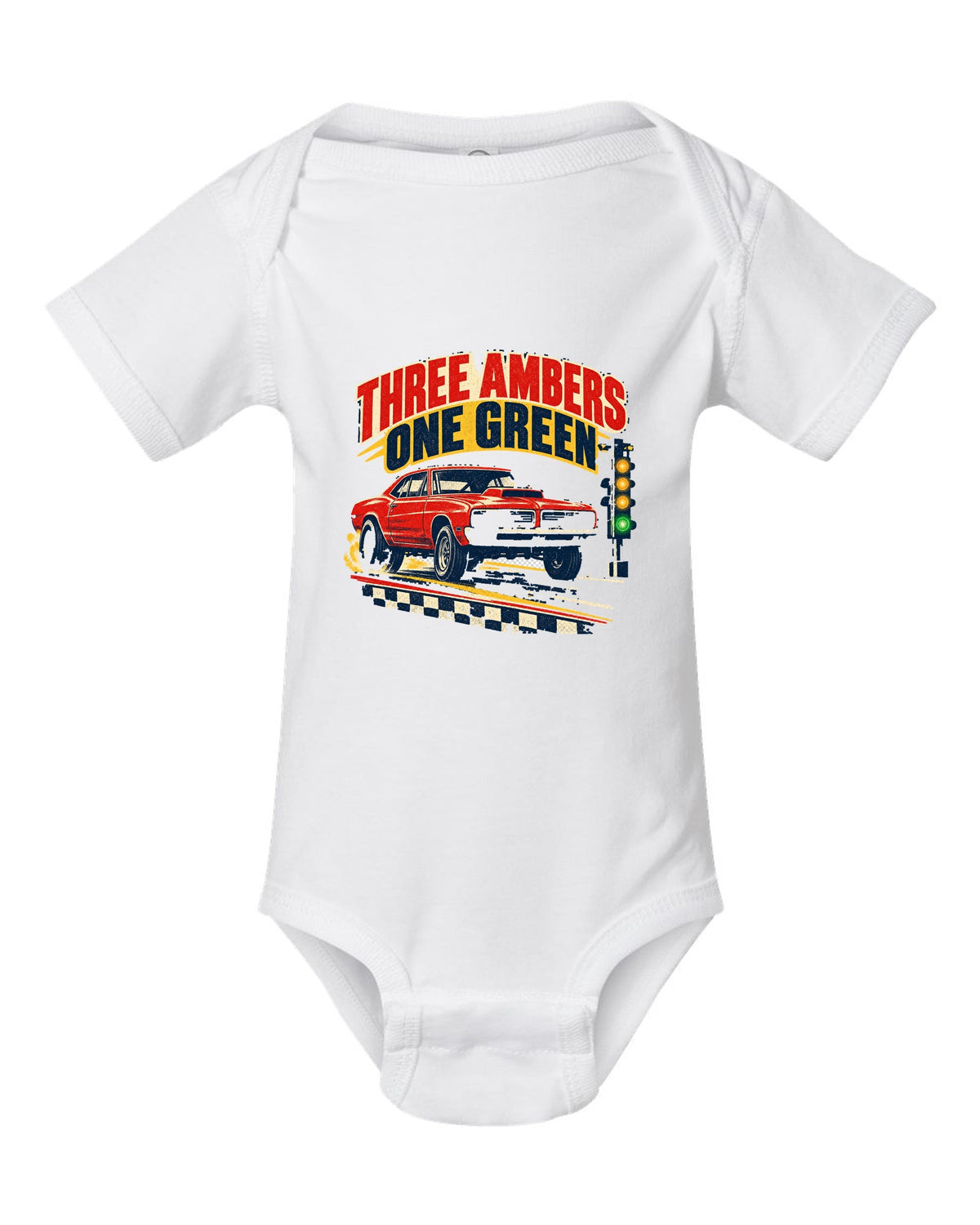 Vintage drag-race poster of a 1969 Plymouth Road Runner with the Christmas tree lights white baby onesie front view with the design