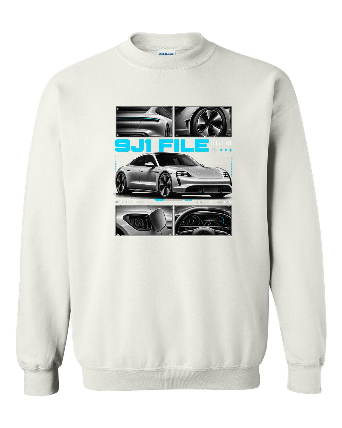 Porsche Taycan Turbo S 9J1 dossier panel design with charging figures white crewneck front view with the design