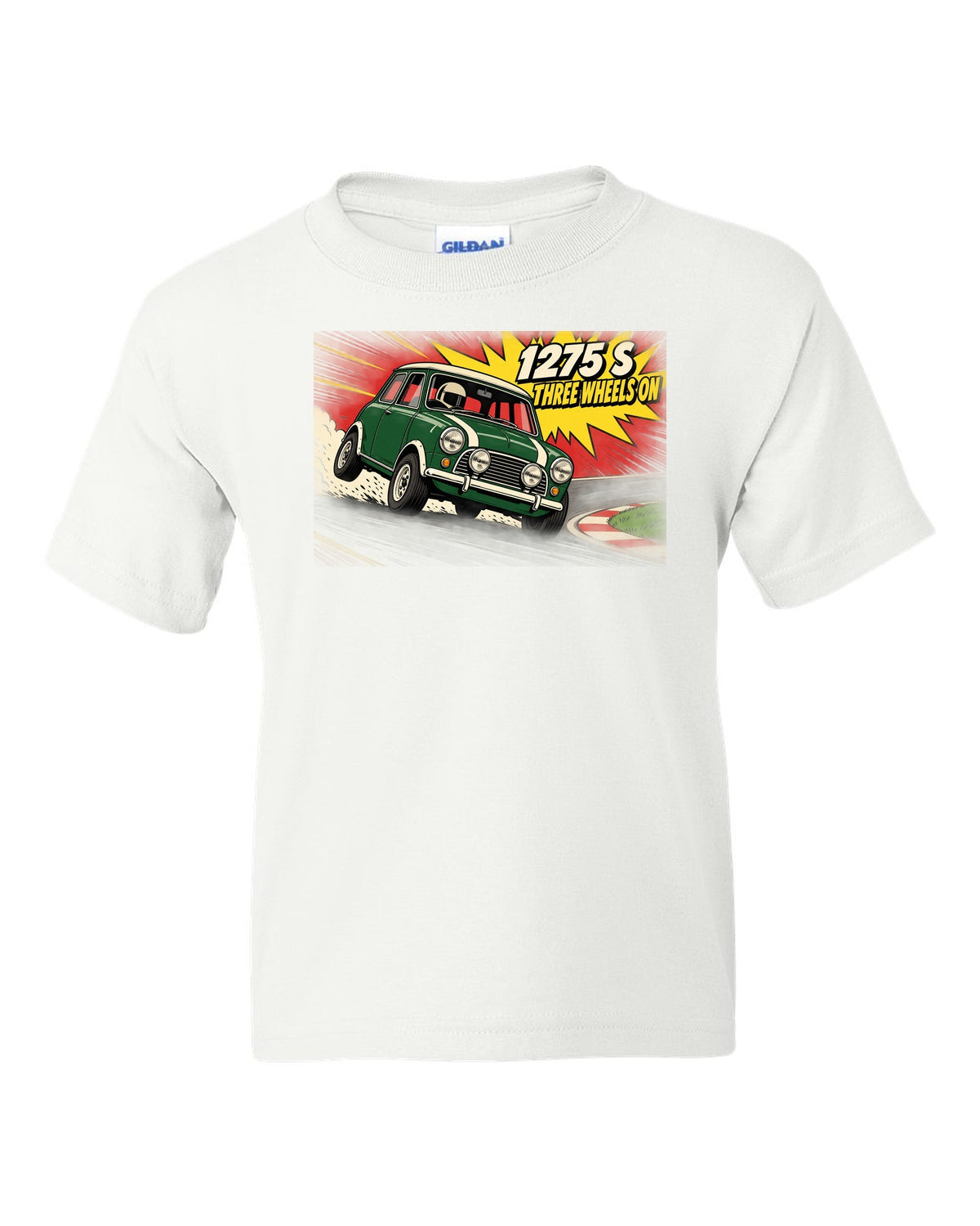 Pop-art flat colour print of a Classic Mini Cooper S 1275 S on three wheels with speed lines white kids tee front view with the design