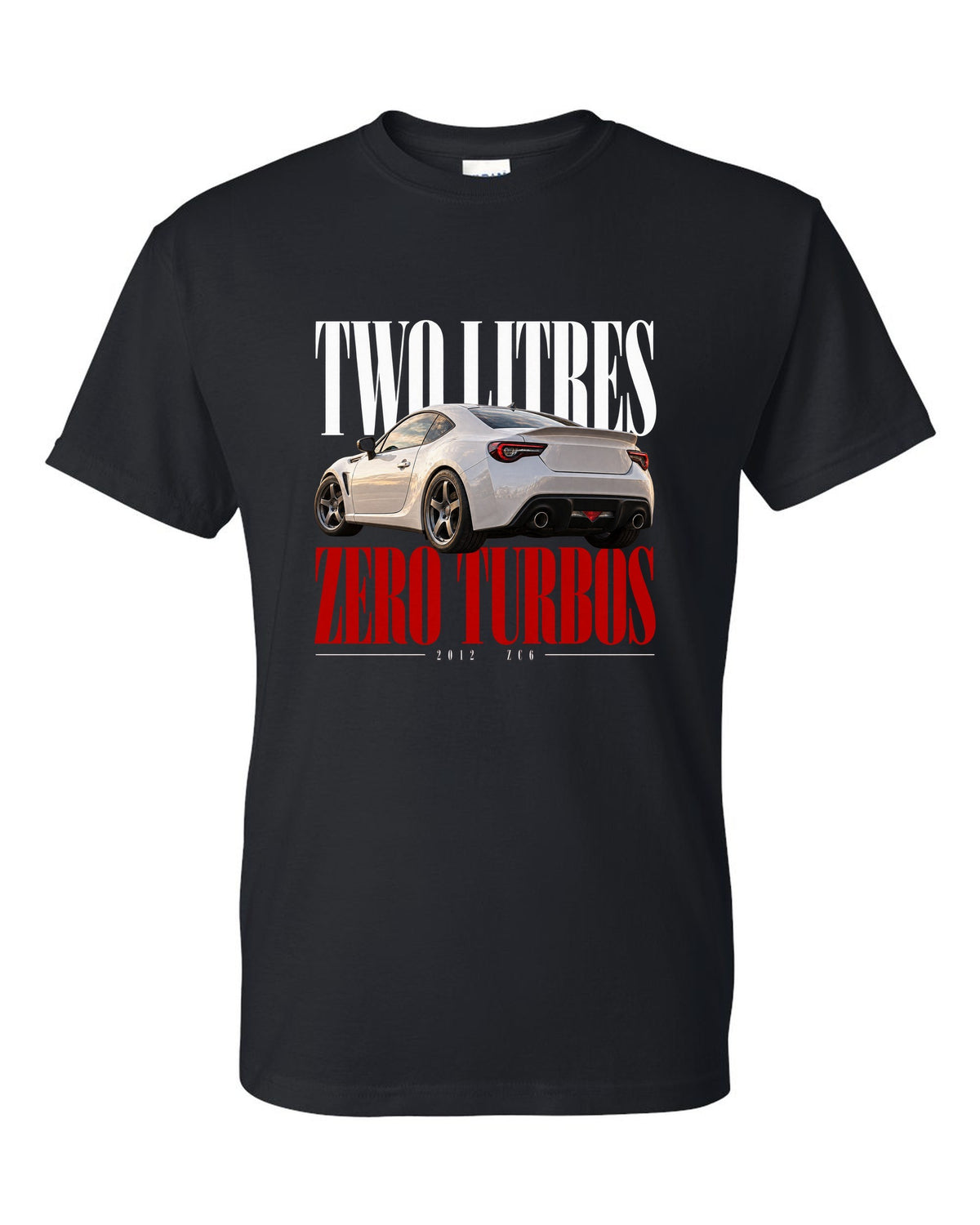 Editorial headline print for the Subaru BRZ ZC6 reading Two Litres, Zero Turbos, ZC6, 2012 black t-shirt front view with the design
