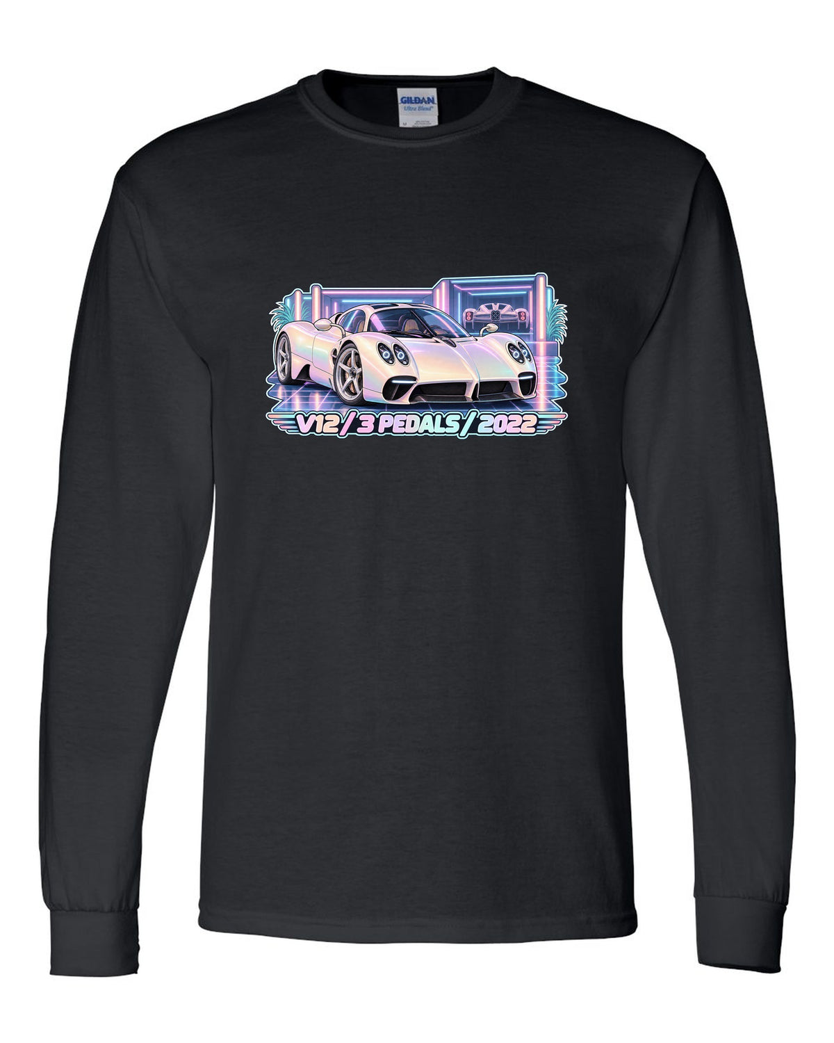 Pastel vaporwave garage illustration of a Pagani Utopia with V12 3 PEDALS 2022 lettering black long sleeve front view with the design