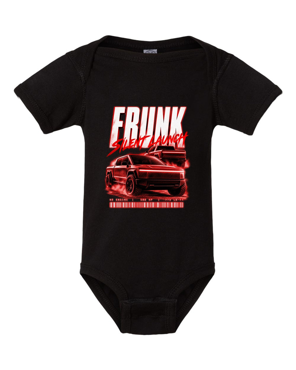 Ford F-150 Lightning EV street poster print with frunk, silent launch and 775 lb-ft black baby onesie front view with the design
