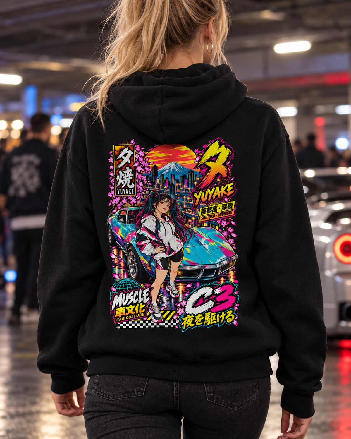 YUYAKE C3 Anime Girl Full-Back Graphic Tee Pull Over Hoodie Black worn hero