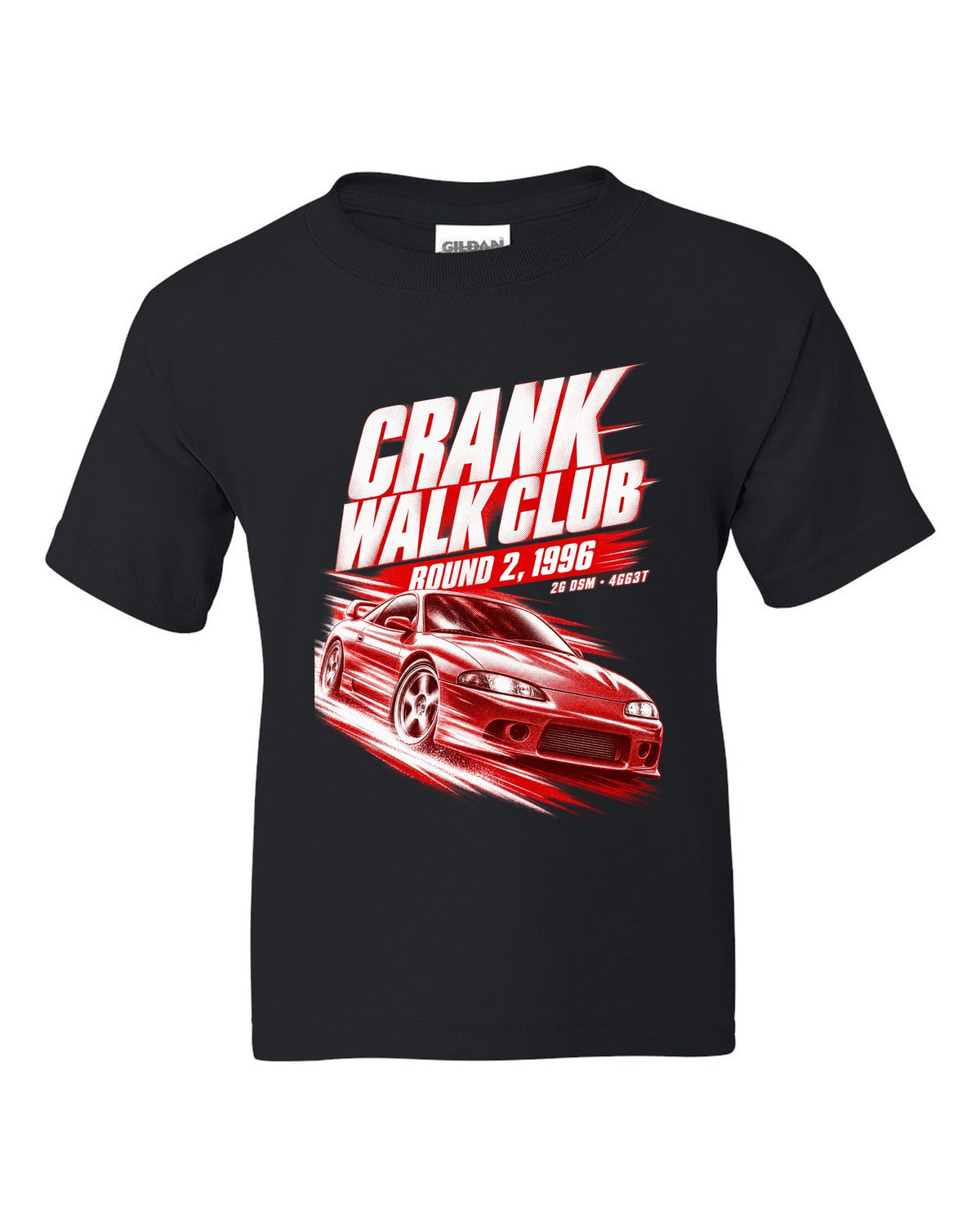 Mitsubishi Eclipse GSX 2G DSM race poster print with 4G63T and Crank Walk Club text black kids tee front view with the design