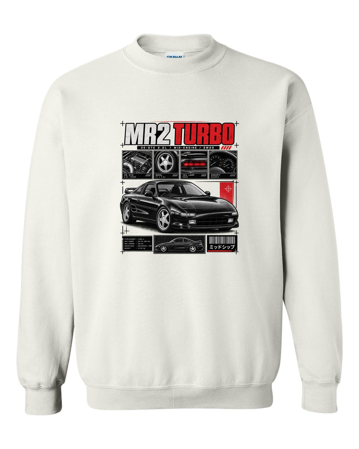 print of a Toyota MR2 SW20 Turbo in dossier panels with 3S-GTE 2.0L and mid-engine text white crewneck front view with the design