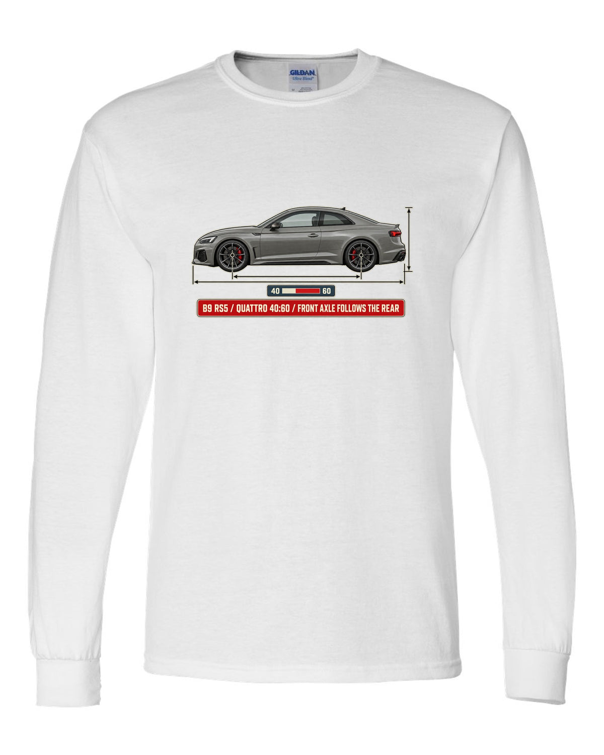 Dimension blueprint of an Audi RS5 Coupe B9 facelift with quattro 40:60 text white long sleeve front view with the design