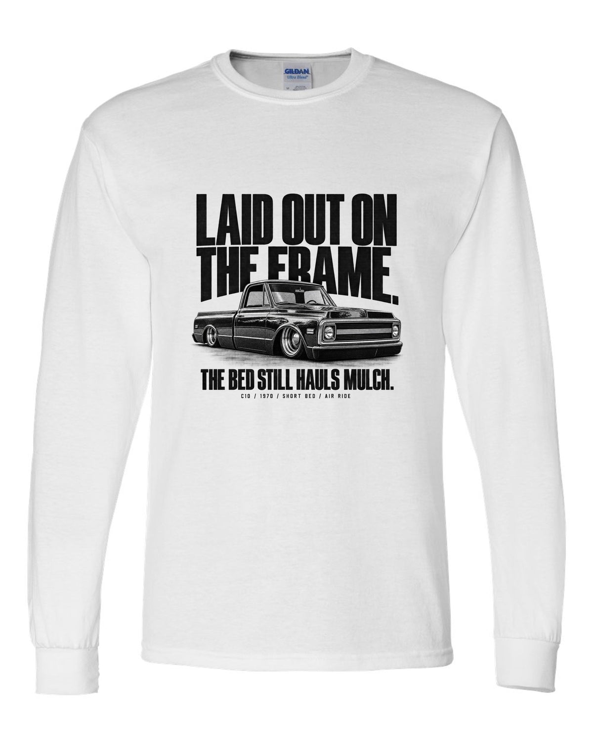 Halftone print of a 1970 Chevrolet C10 short bed on air ride with laid out on the frame text white long sleeve front view with the design
