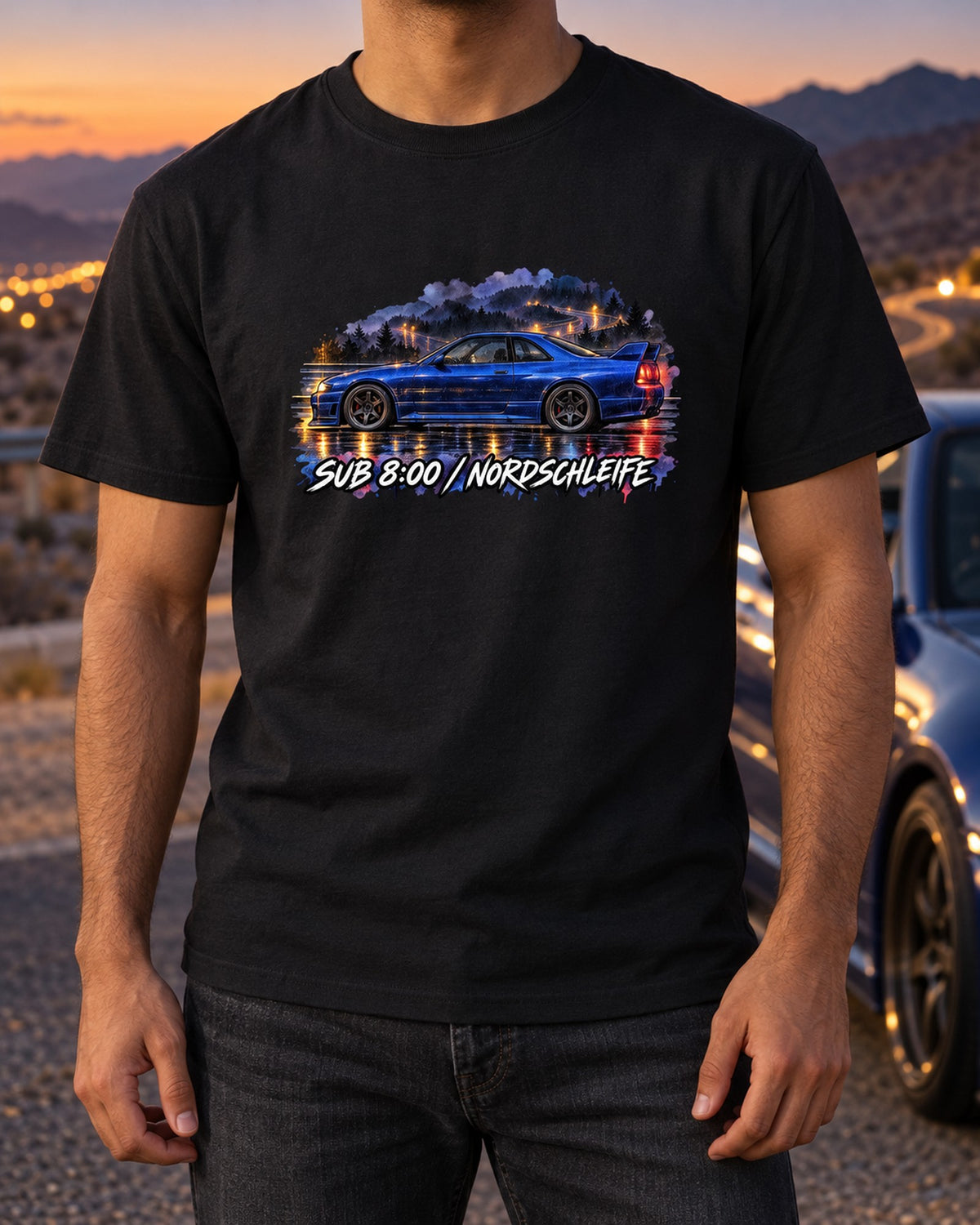 Champion Blue R33 GT-R Rain Watercolour Shirt, BCNR33 T-Shirt Black worn hero