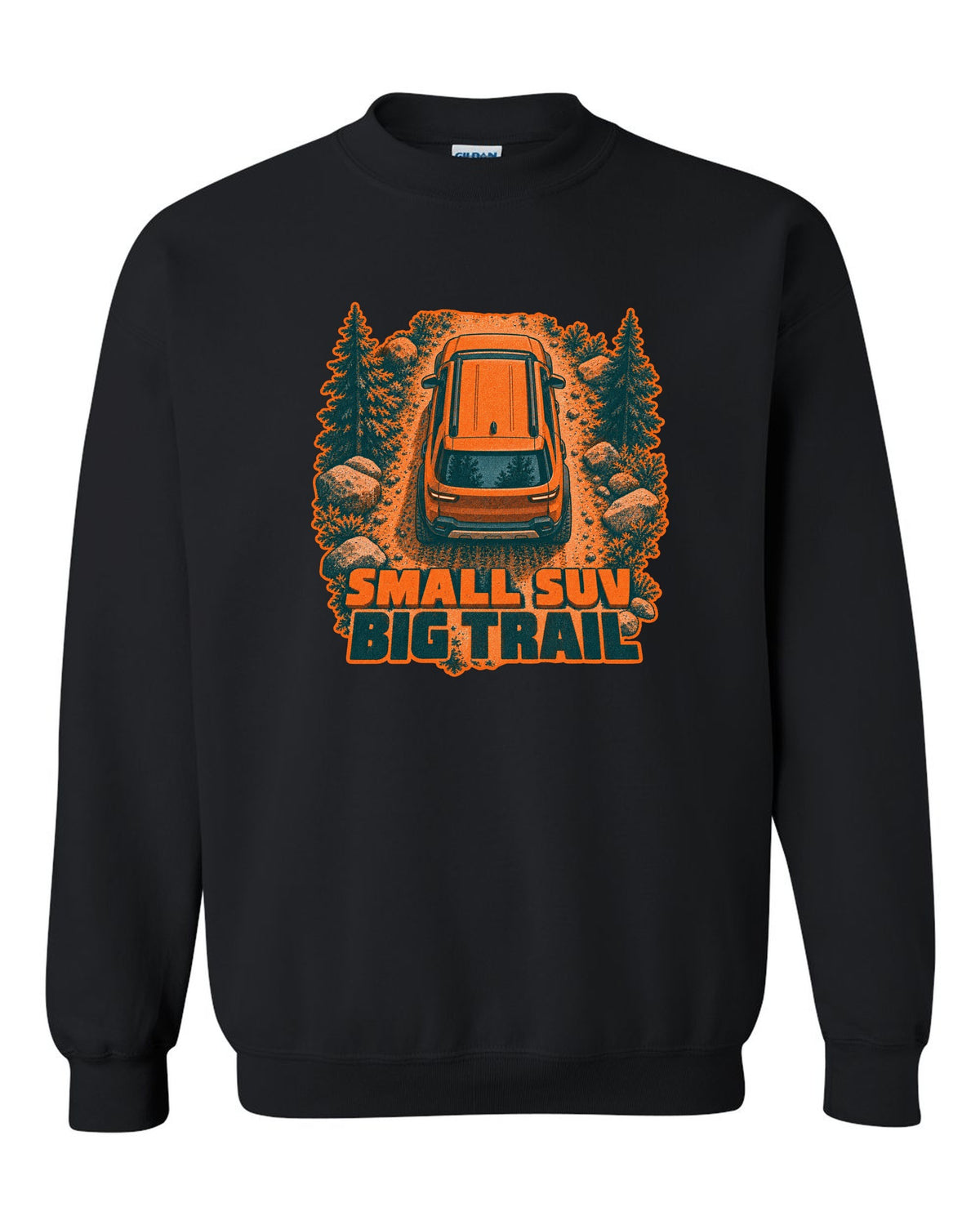 Rivian R2 overhead risograph duotone print with the text small SUV big trail black crewneck front view with the design