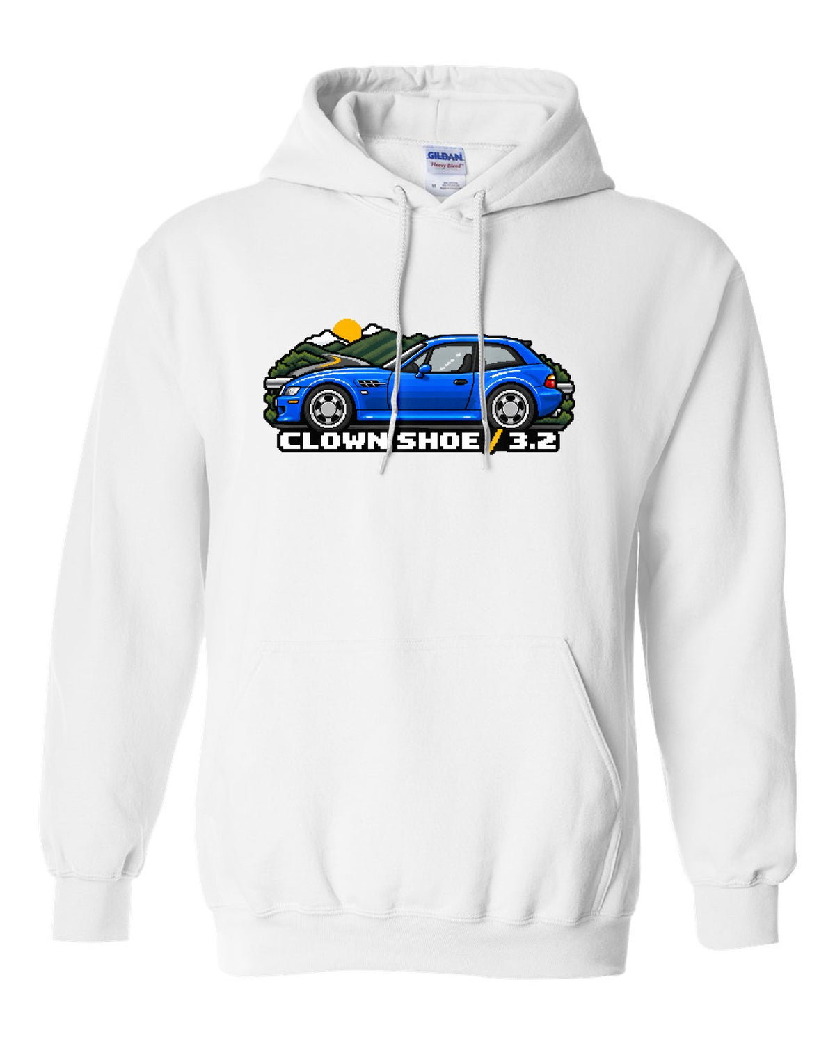 BMW Z4 M Coupe E86 coast road sunset watercolour print with S54 text white pull over hoodie front view with the design