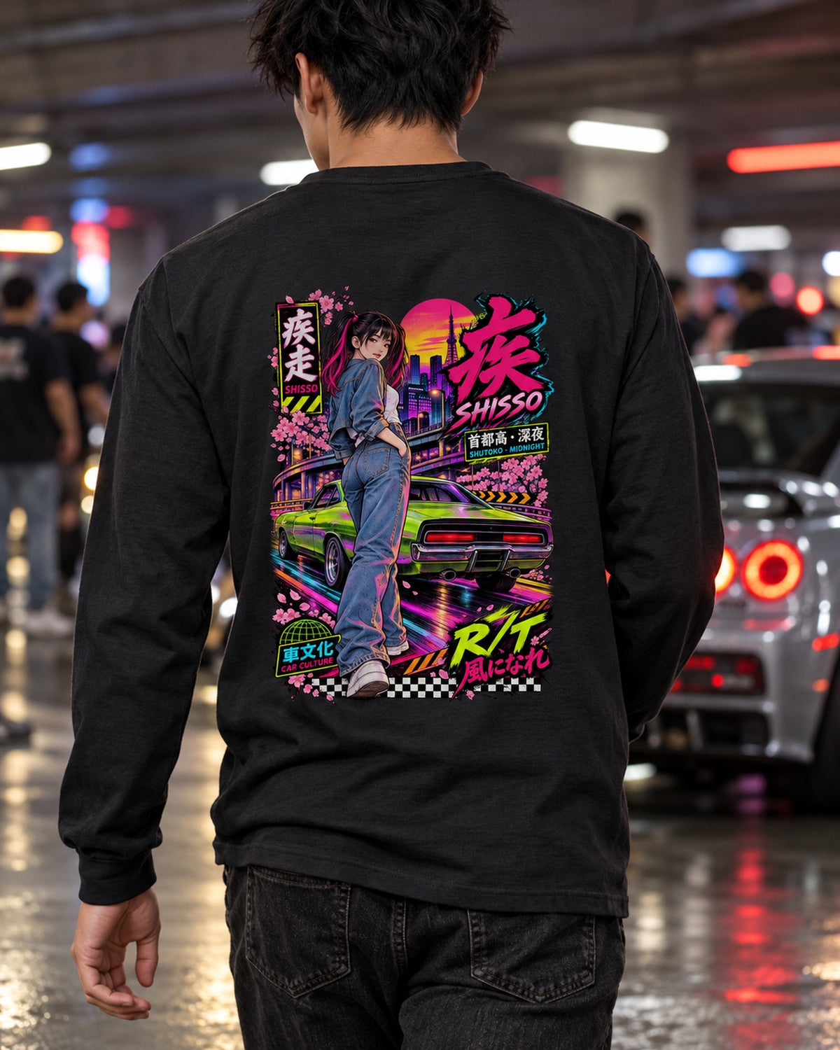 SHISSO R/T Anime Girl Full-Back Graphic Tee Long Sleeve Black worn hero