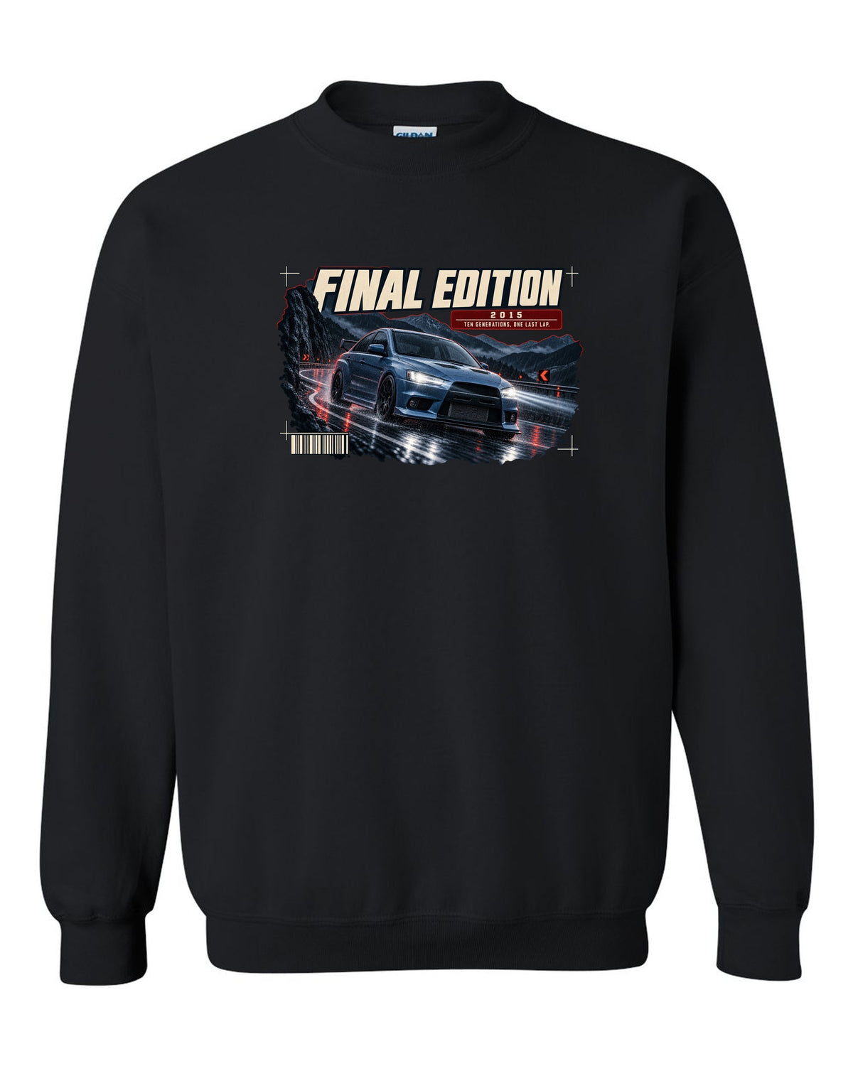 Mitsubishi Lancer Evolution X Final Edition low front three-quarter at night print black crewneck front view with the design
