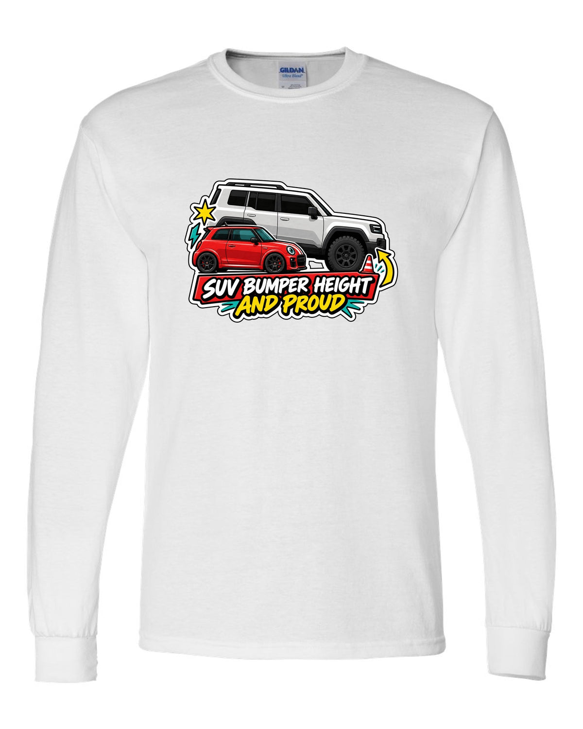 Sticker-bomb collage of a Fiat 500 Abarth with SUV bumper height joke white long sleeve front view with the design