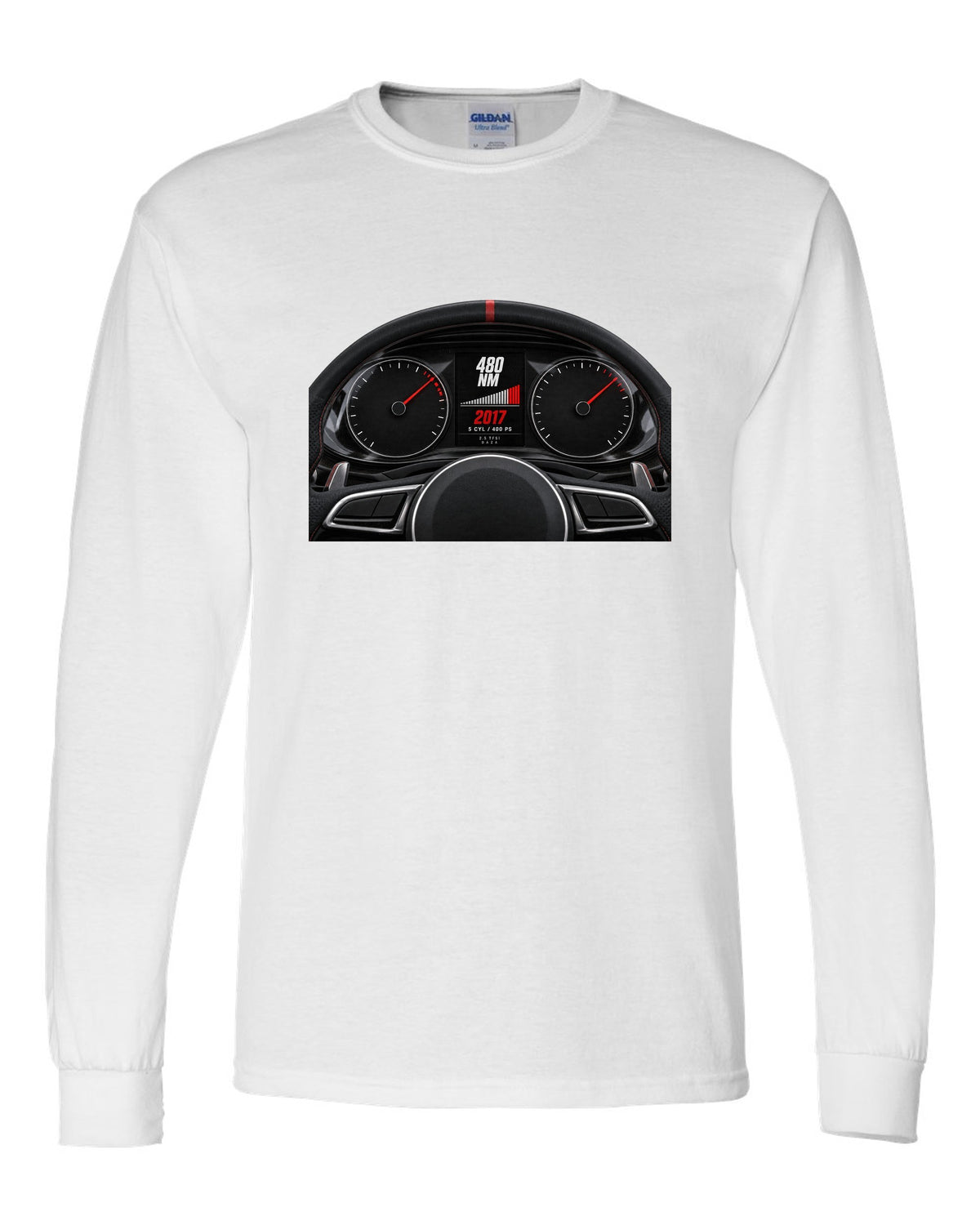 Audi RS3 8V instrument cluster gauge design with 5 cyl 400 PS text white long sleeve front view with the design