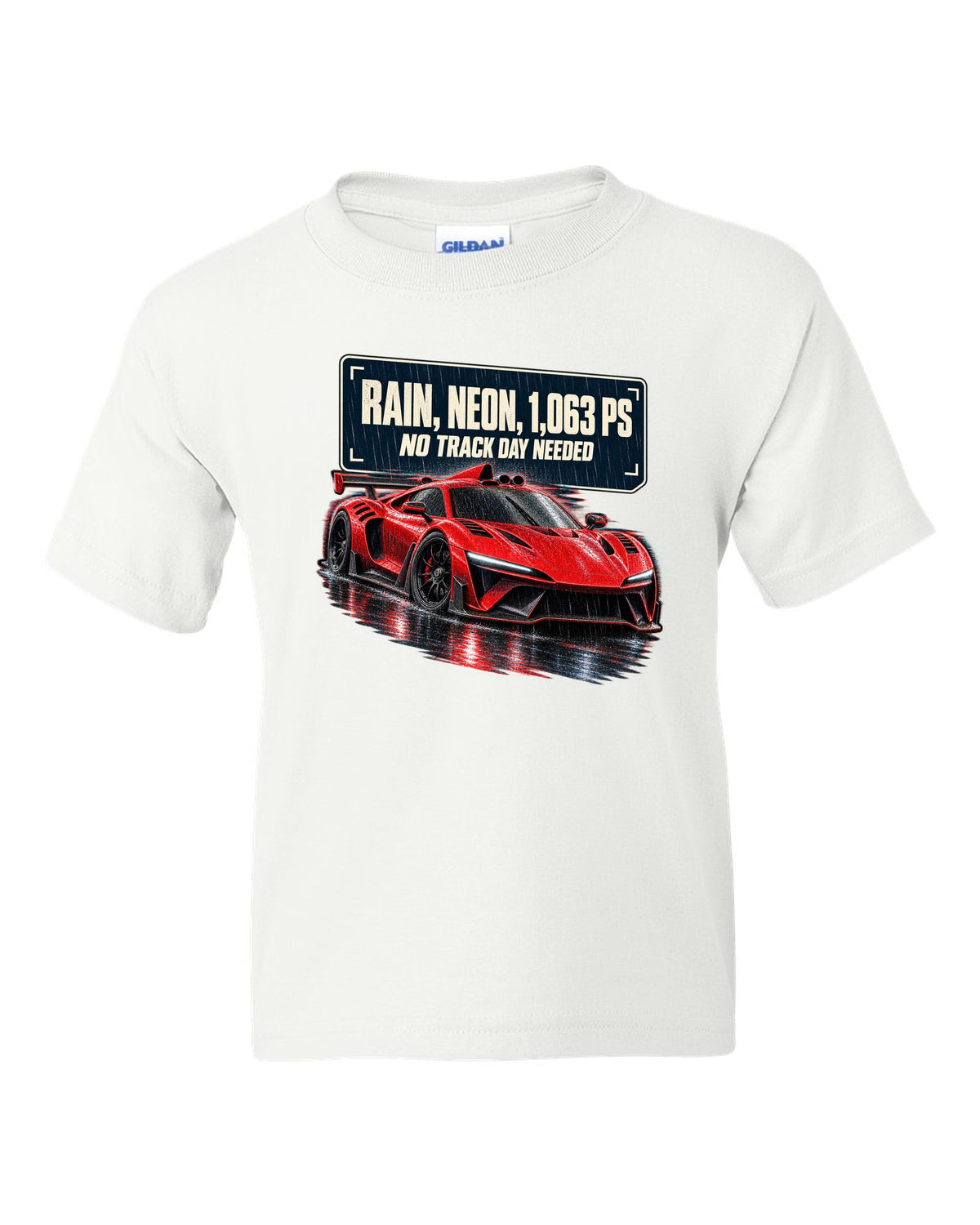 Mercedes-AMG One hypercar on a rainy neon night street white kids tee front view with the design