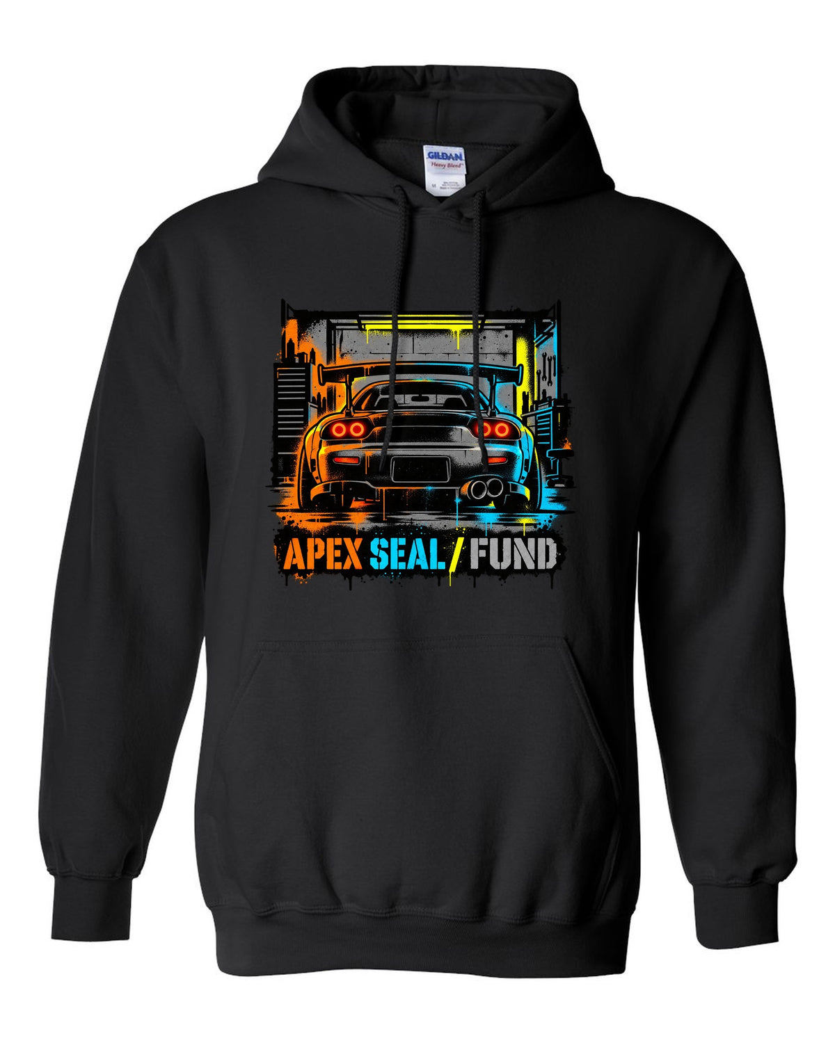 Stencil spray street art print of a Mazda RX-7 FD3S with the text Apex Seal Fund black pull over hoodie front view with the design