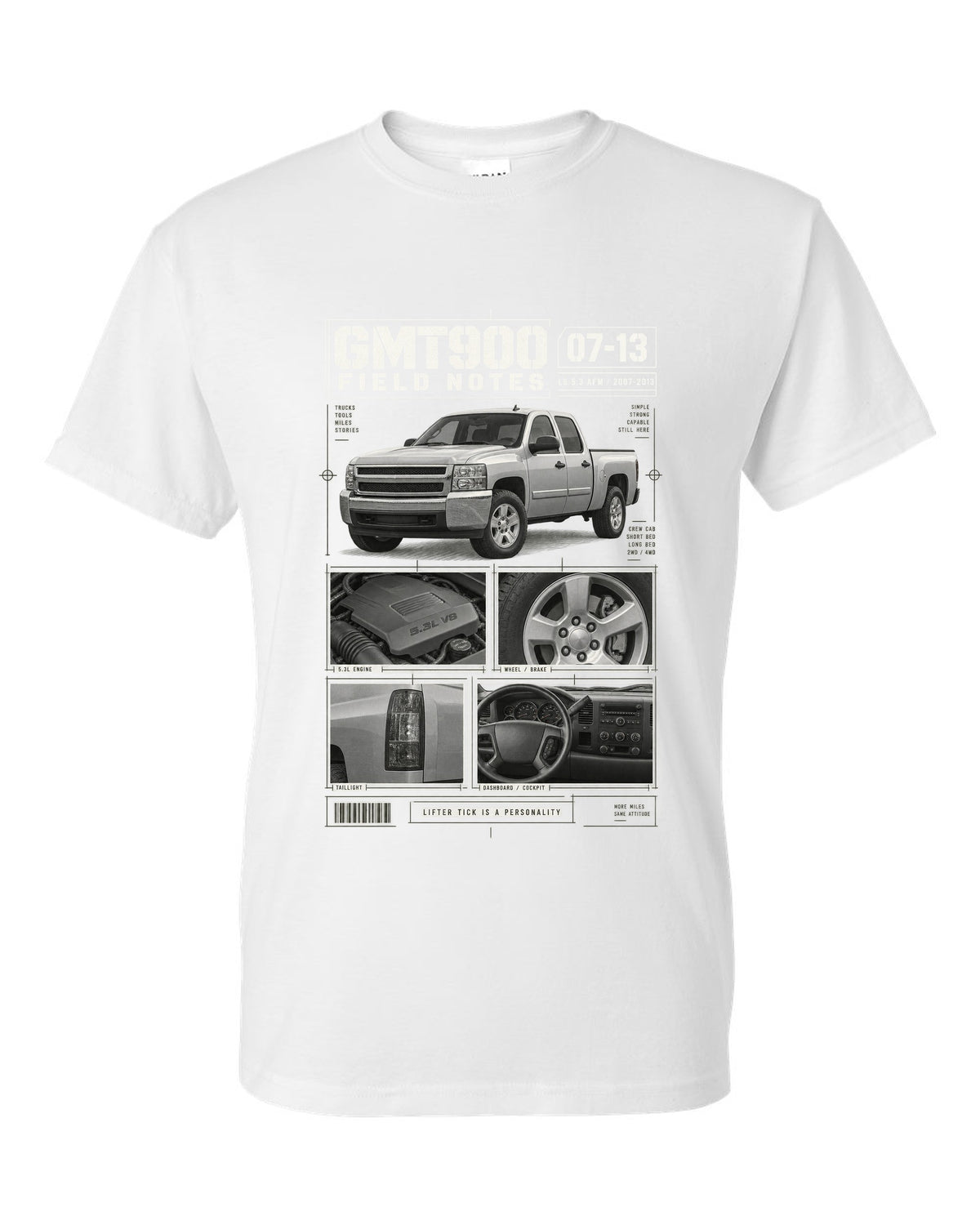 GMT900 Chevy Silverado crew cab field notes dossier print white t-shirt front view with the design