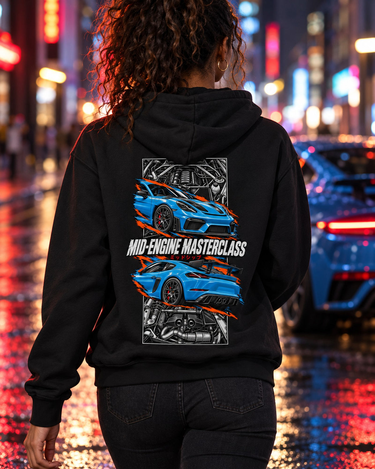 Porsche 718 Gt4 Torn Poster Full-Back Graphic Tee Pull Over Hoodie Black worn hero