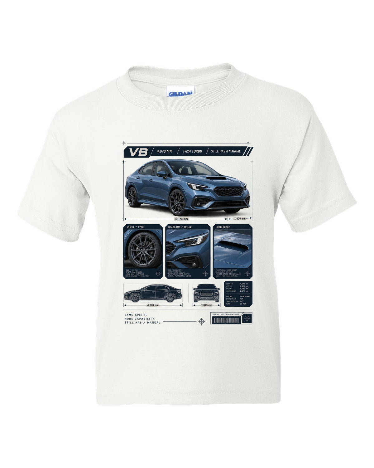 Dossier-style panel layout of a Subaru WRX VB sedan with GT and TR detail panels white kids tee front view with the design