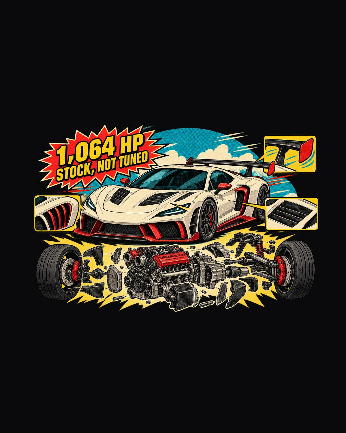 Corvette C8 Z06 Flat-Plane V8 Exploded Engine Schematic Tee design only